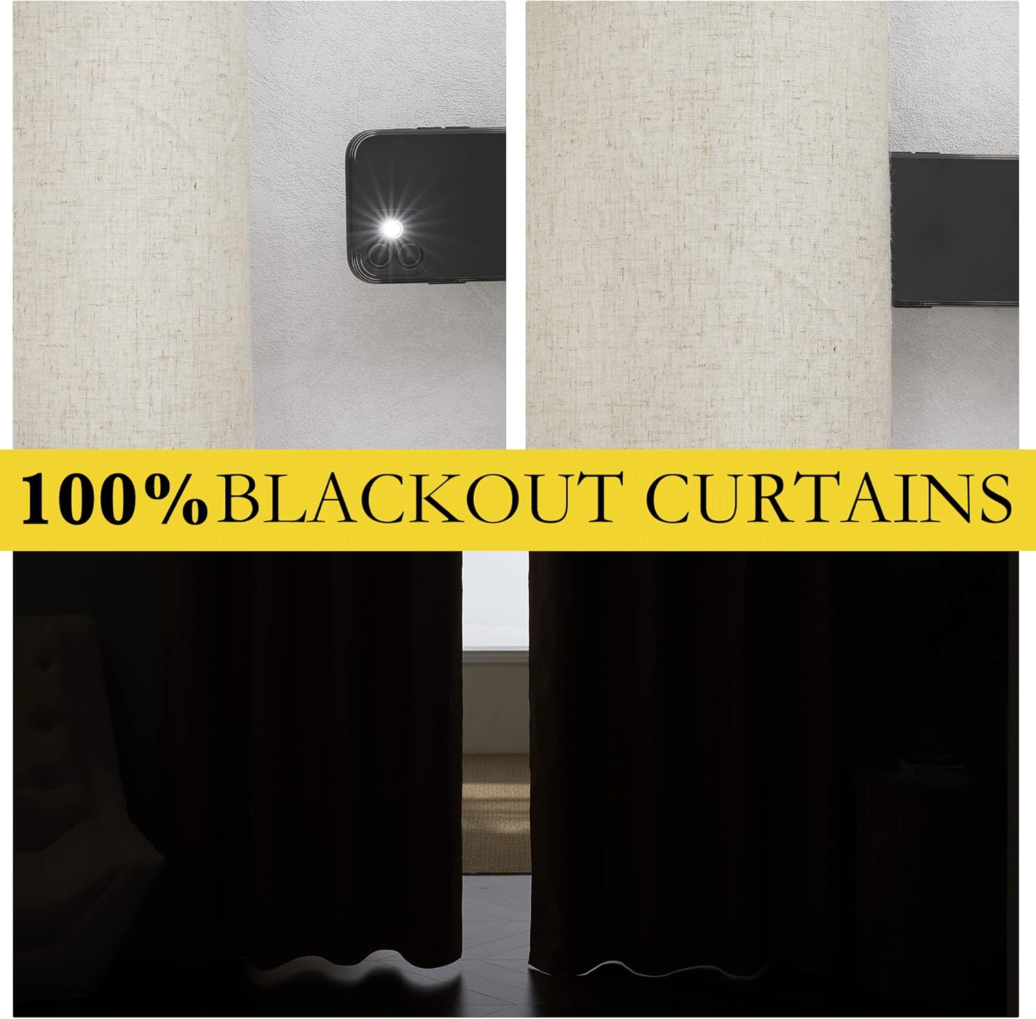 Linen Curtains 84 Inch Long 100% Blackout 2 Panels Natural Thick Farmhouse Living Room Soundproof Curtain Thermal Insulated Window Treatment Door Curtain Drapes (52-Inch Width Each Panel)