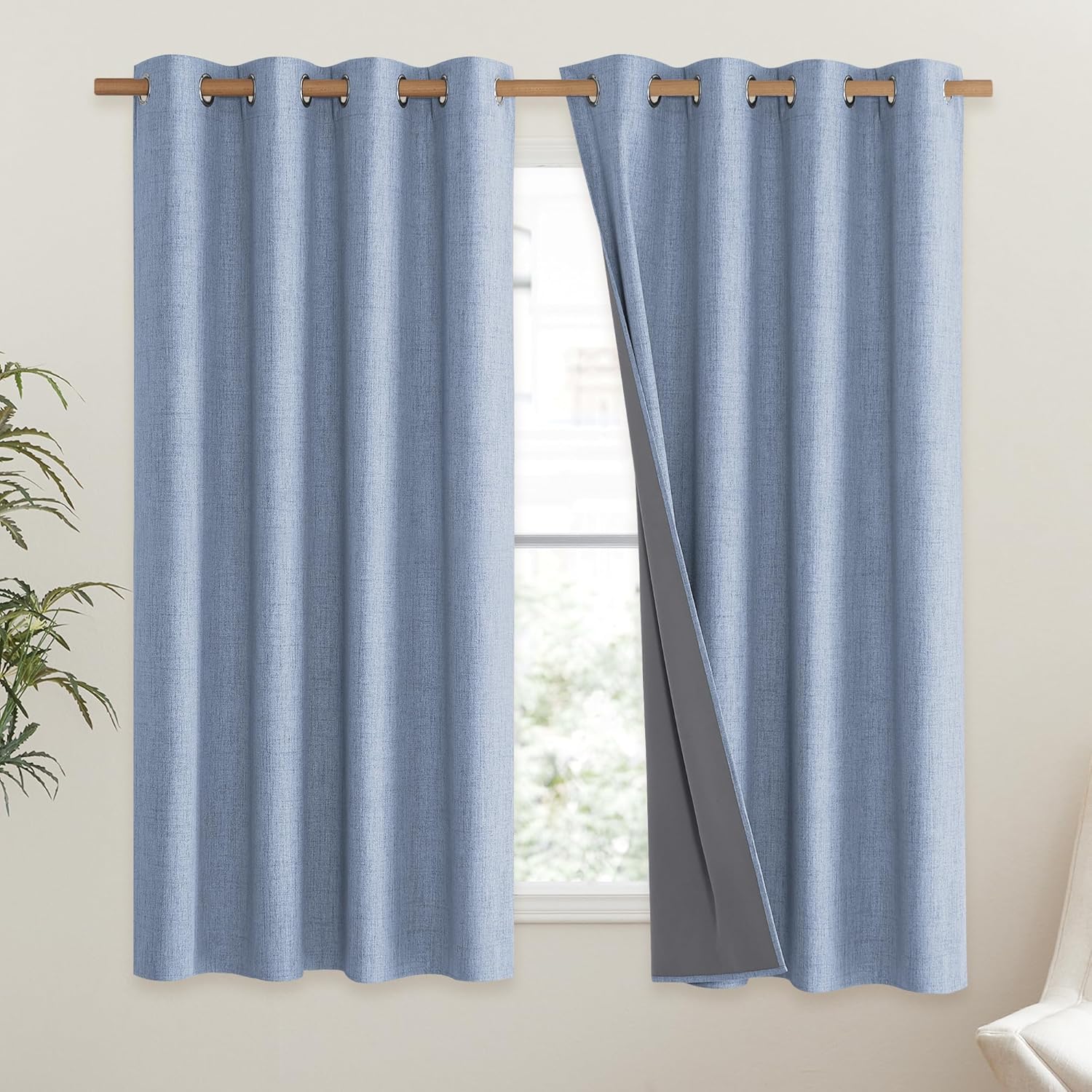 Stone Blue Vintage Linen 100% Blackout Curtains for Living Room