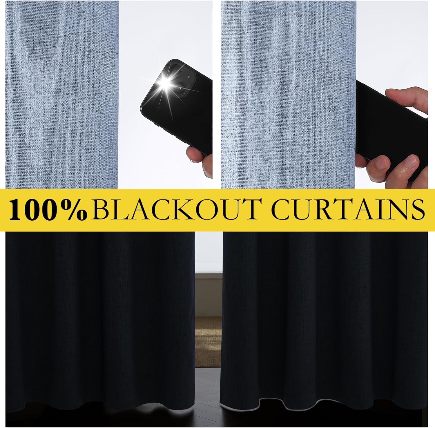 Stone Blue Vintage Linen 100% Blackout Curtains for Living Room