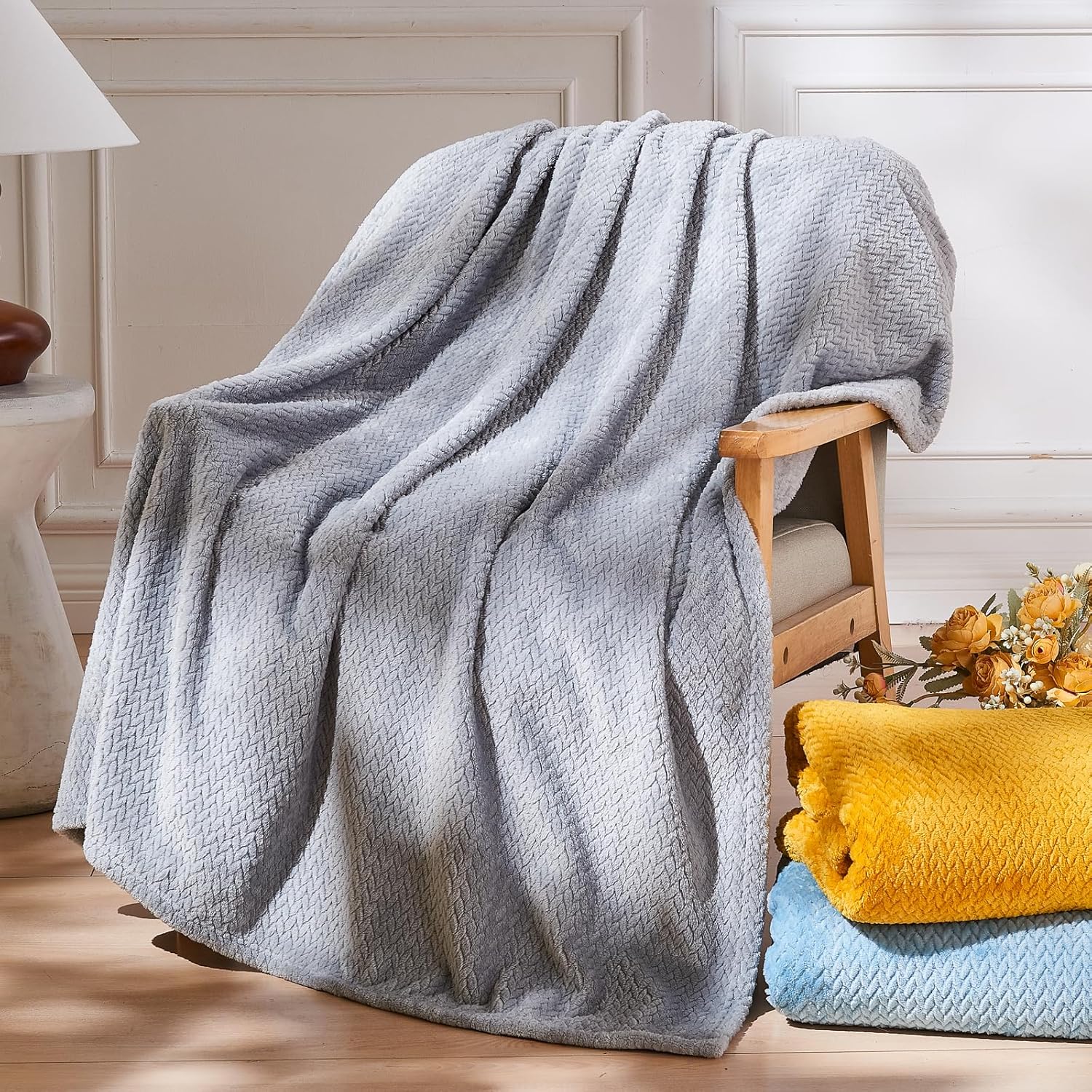Super Soft Throw Size Blanket Grey Premium Silky Flannel Fleece Leaves Pattern Lightweight Bed Blanket All Season Use (Grey