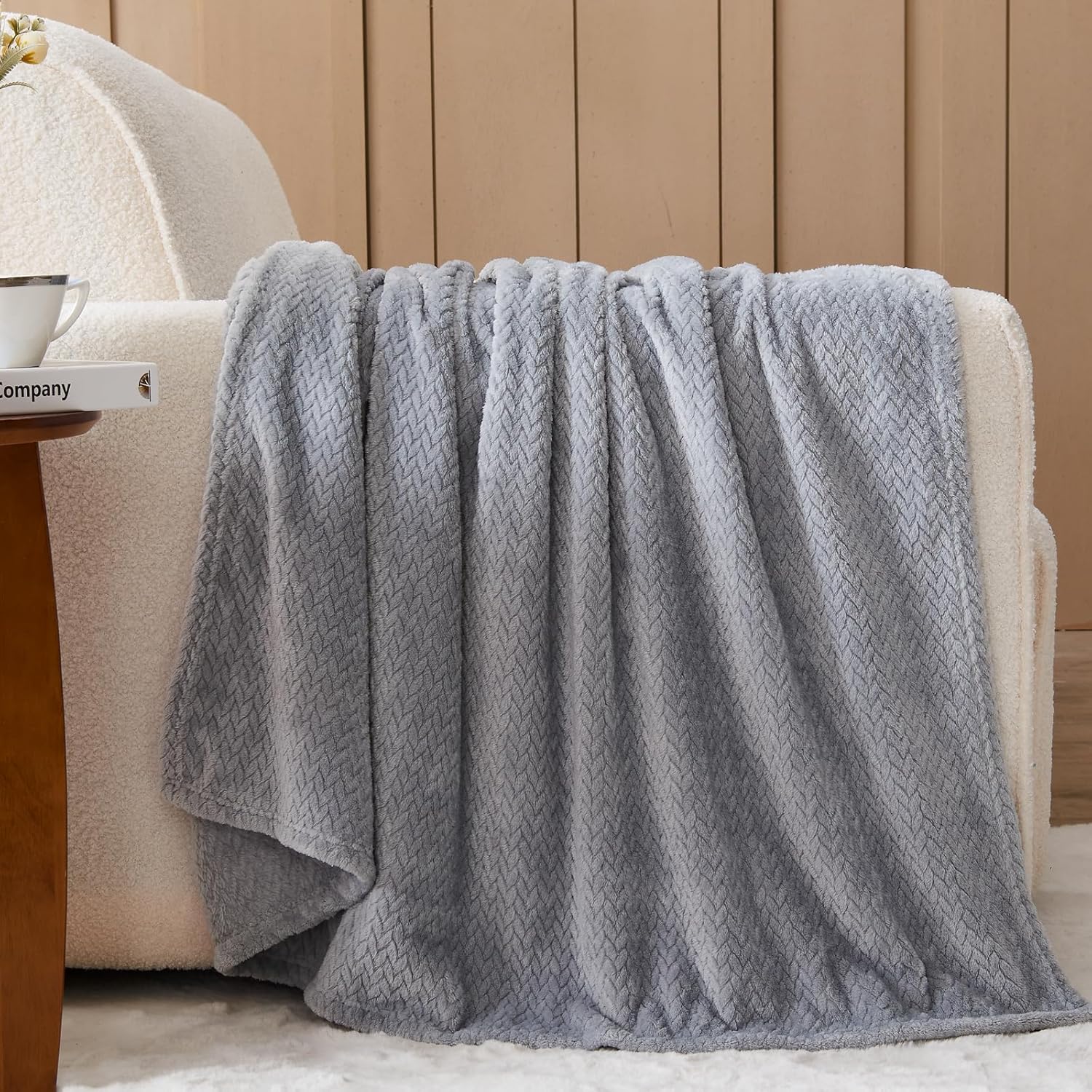 Super Soft Throw Size Blanket Grey Premium Silky Flannel Fleece Leaves Pattern Lightweight Bed Blanket All Season Use (Grey