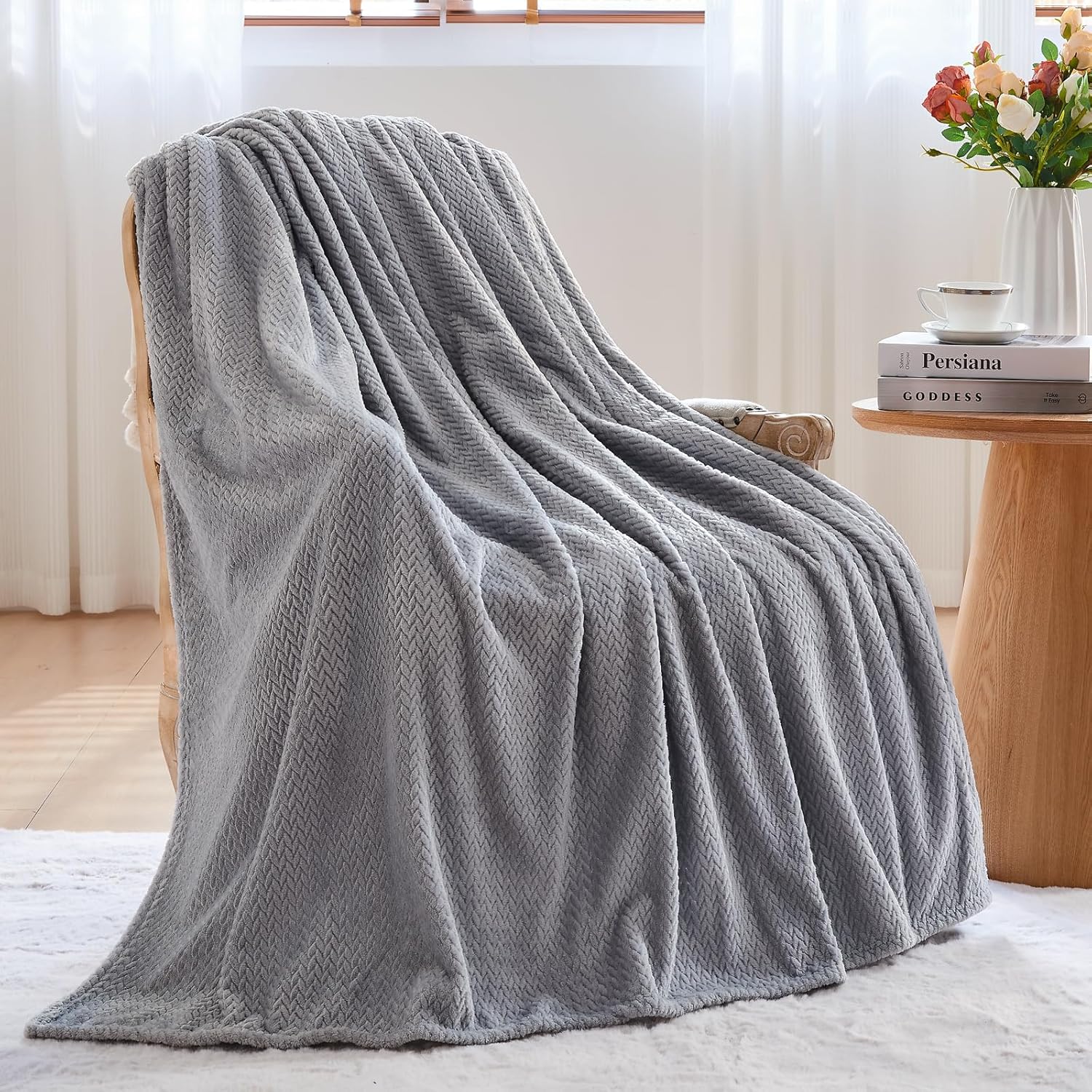 Super Soft Throw Size Blanket Grey Premium Silky Flannel Fleece Leaves Pattern Lightweight Bed Blanket All Season Use (Grey