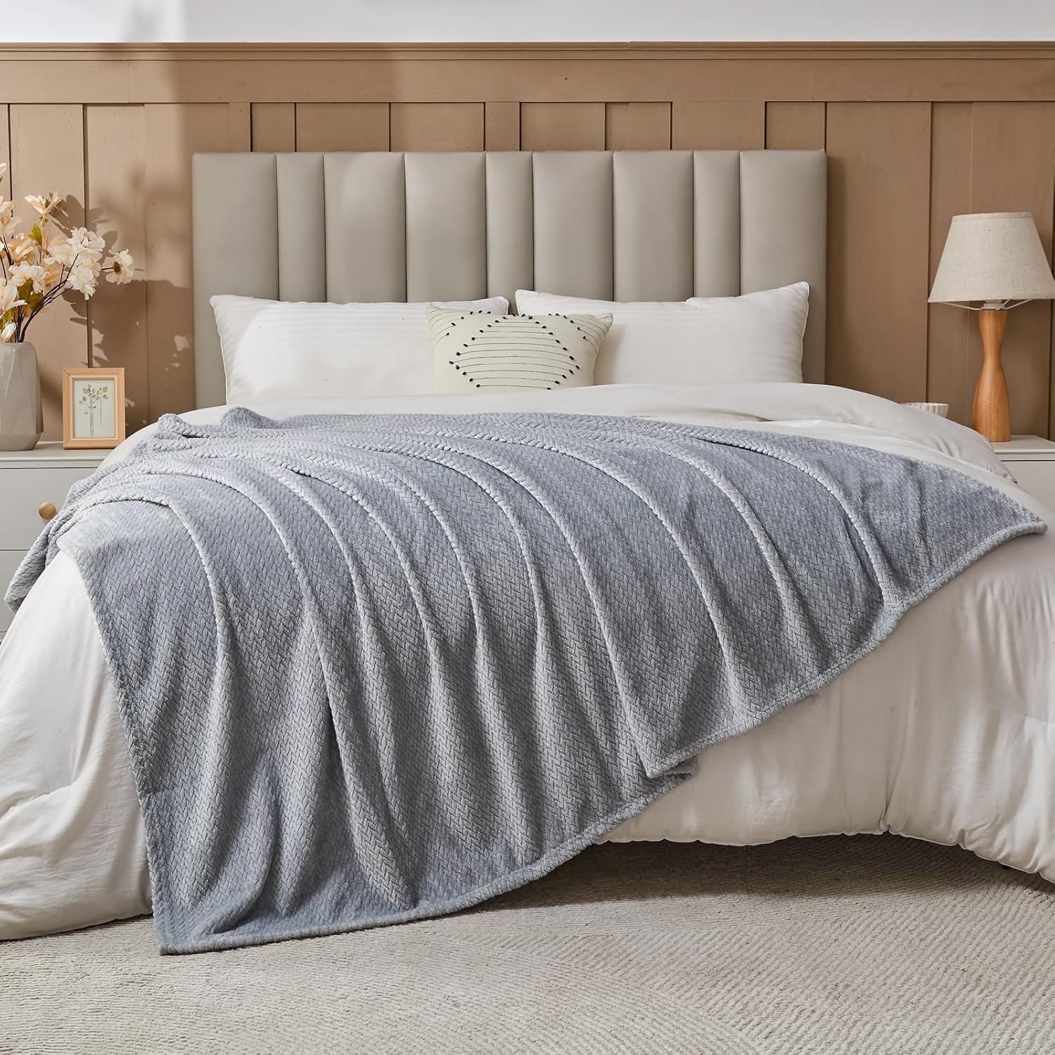 Super Soft Throw Size Blanket Grey Premium Silky Flannel Fleece Leaves Pattern Lightweight Bed Blanket All Season Use (Grey