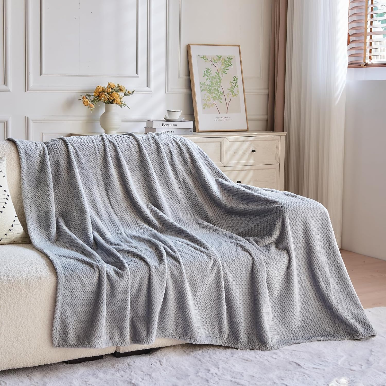 Super Soft Throw Size Blanket Grey Premium Silky Flannel Fleece Leaves Pattern Lightweight Bed Blanket All Season Use (Grey