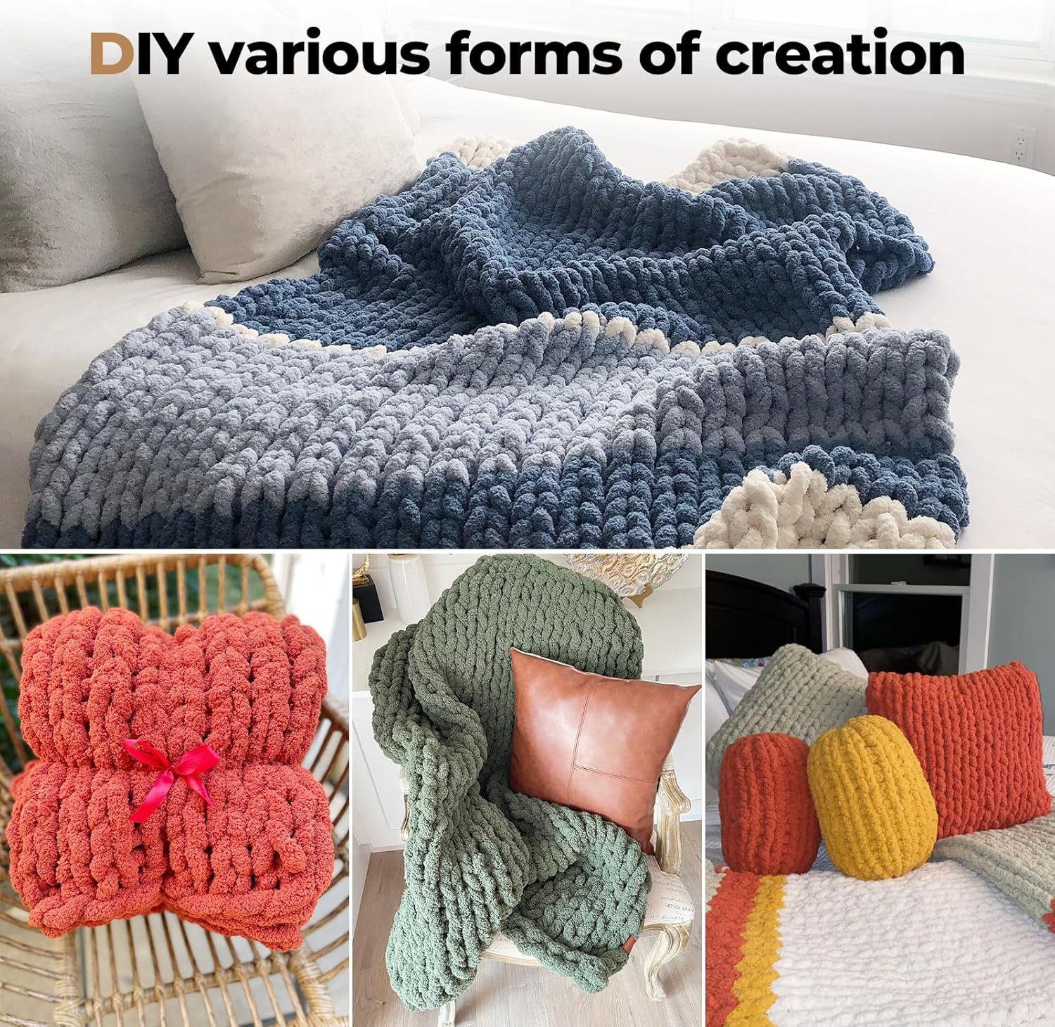 Chunky Yarn for Hand Knitting Soft Jumbo Bulky Fluffy Yarn for Crocheting Blanket Scarf DIY 8 Pack (Cream