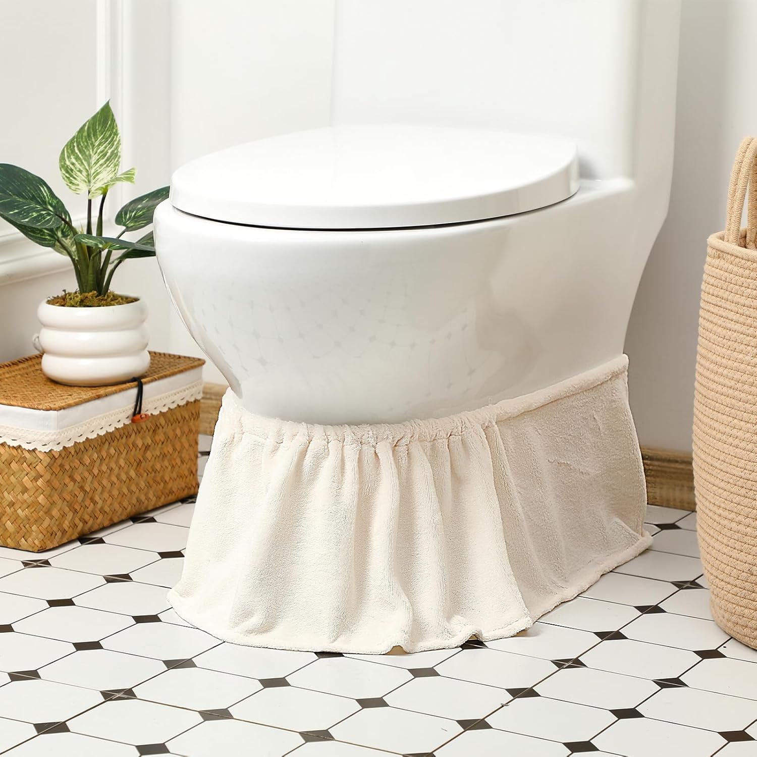 Toilet Base Wrap Stretchable Non Slip Around Toilet Protector Decorative Hygienic Caulk Cover White Cotton Washable Bathroom Decor for Catching Drips Condensation Dribbles Dust