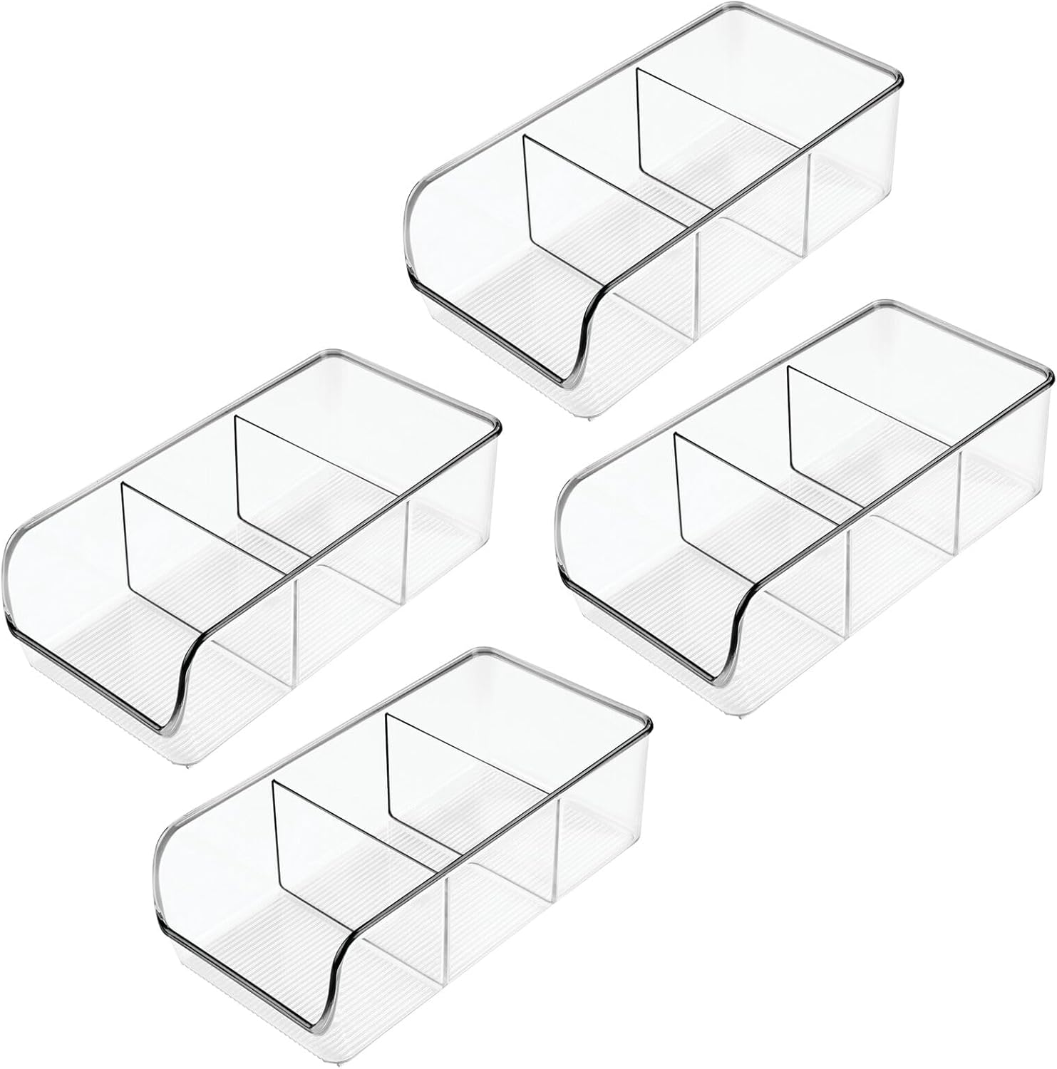 Plastic Food Storage Bin Organizer with 3 Compartments for Kitchen Cabinet, Pantry, Shelf, Drawer, Fridge, Freezer Organization - Holds Snack Bars - Ligne Collection - 4 Pack - Clear