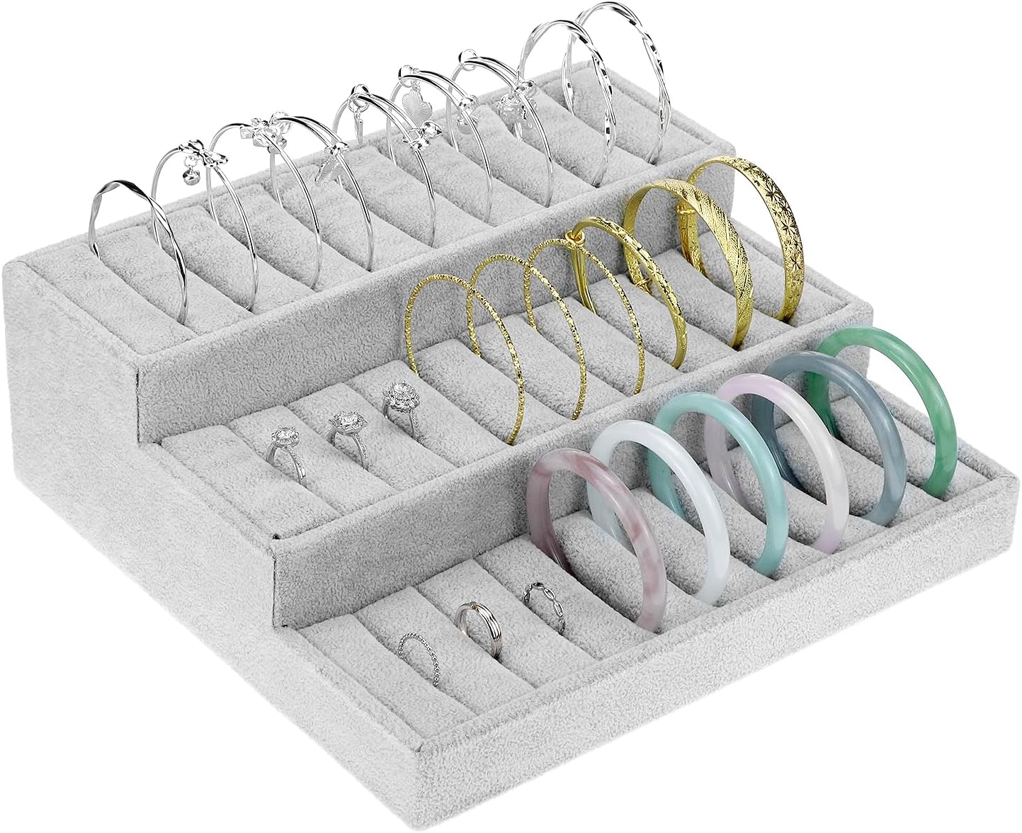 Bangle Display Tray - 27 Slot Showcase Organizer for Bangles, 10.43" x 9.45" x 3.54", 3 -Tier Bangle Organizer Display Bracelets Tray Holder with Velvet Inserts, Grey
