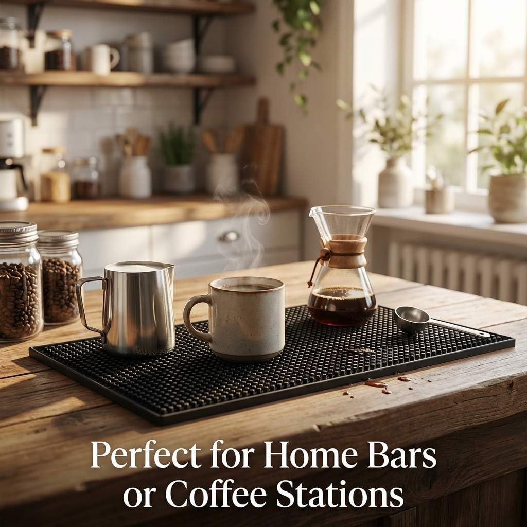 12"x6" Black Rubber Bar Mat – 6 Pack Non-Slip Drainage Pad for Coffee Stations