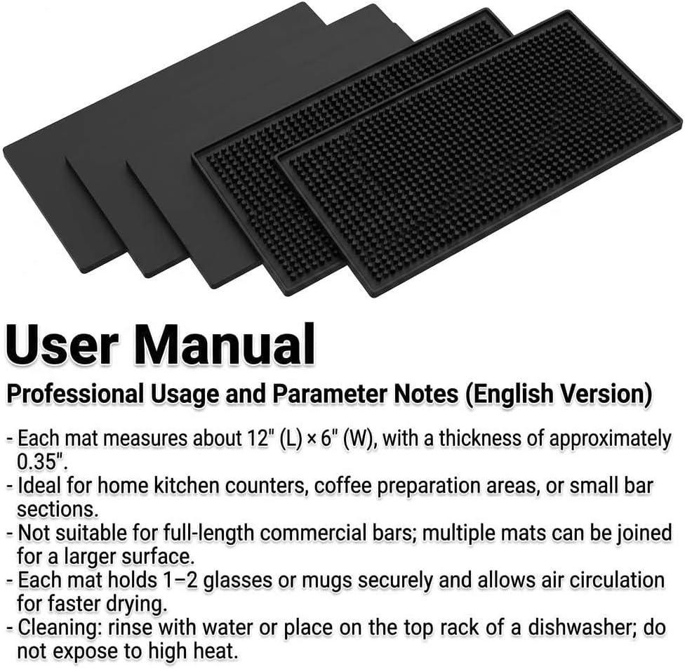 12"x6" Black Rubber Bar Mat – 6 Pack Non-Slip Drainage Pad for Coffee Stations