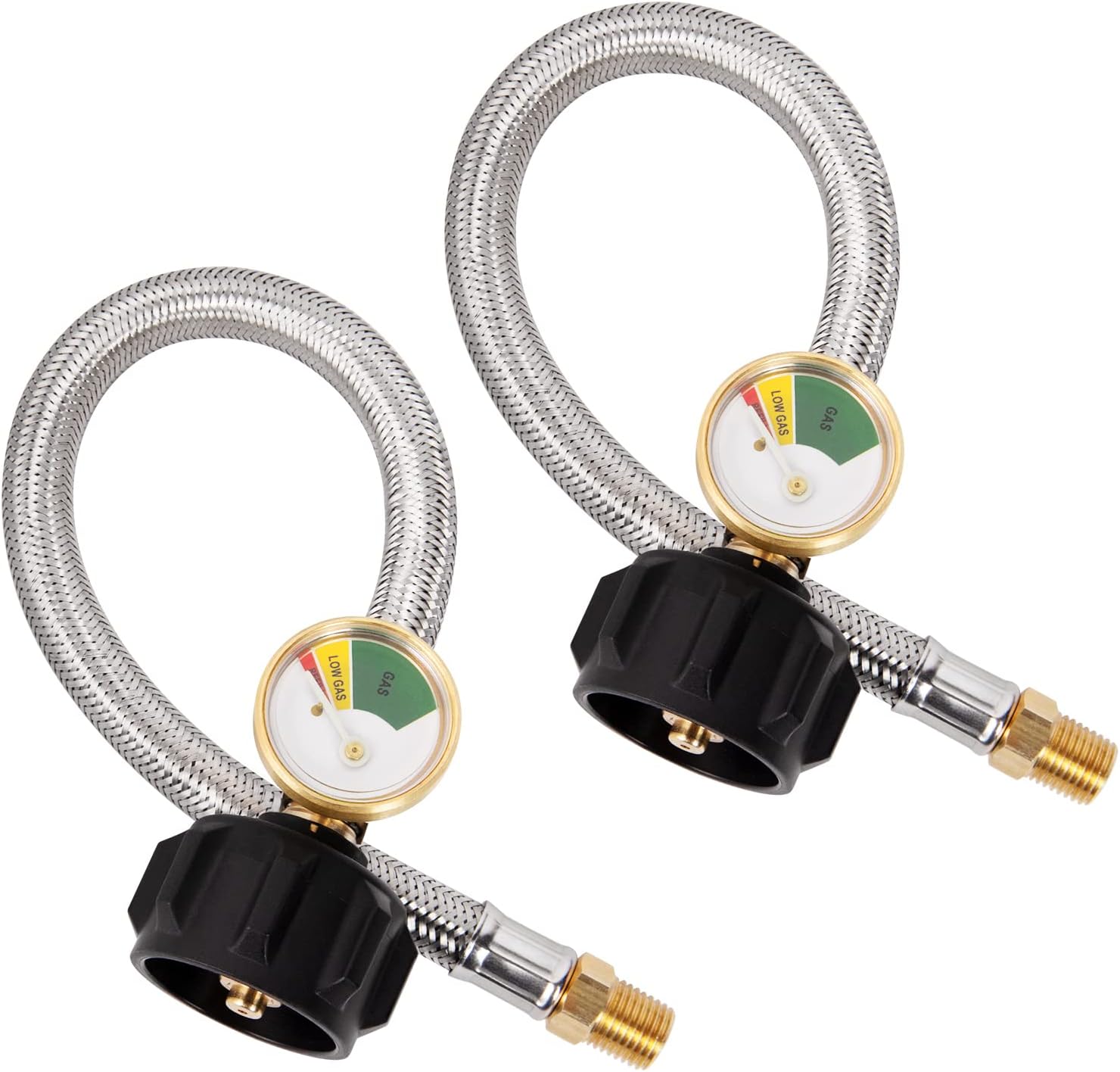 RV Propane Hose with Gauge for Camper, 12 Inch Braided Propane Pigtail for Dual Stage Regulator, 1/4 Inch Male NPT x QCC1, 2 Pack