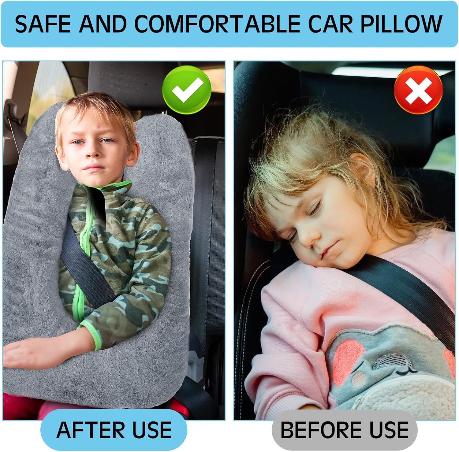 2 Pcs Car Travel Pillow for the Back Seat 28 x 18 in Sleeping Reading Pillows for Long Distance Travel Car Cushion for Kids Adults Head and Body Support U Shaped Pad for Travel(Gray