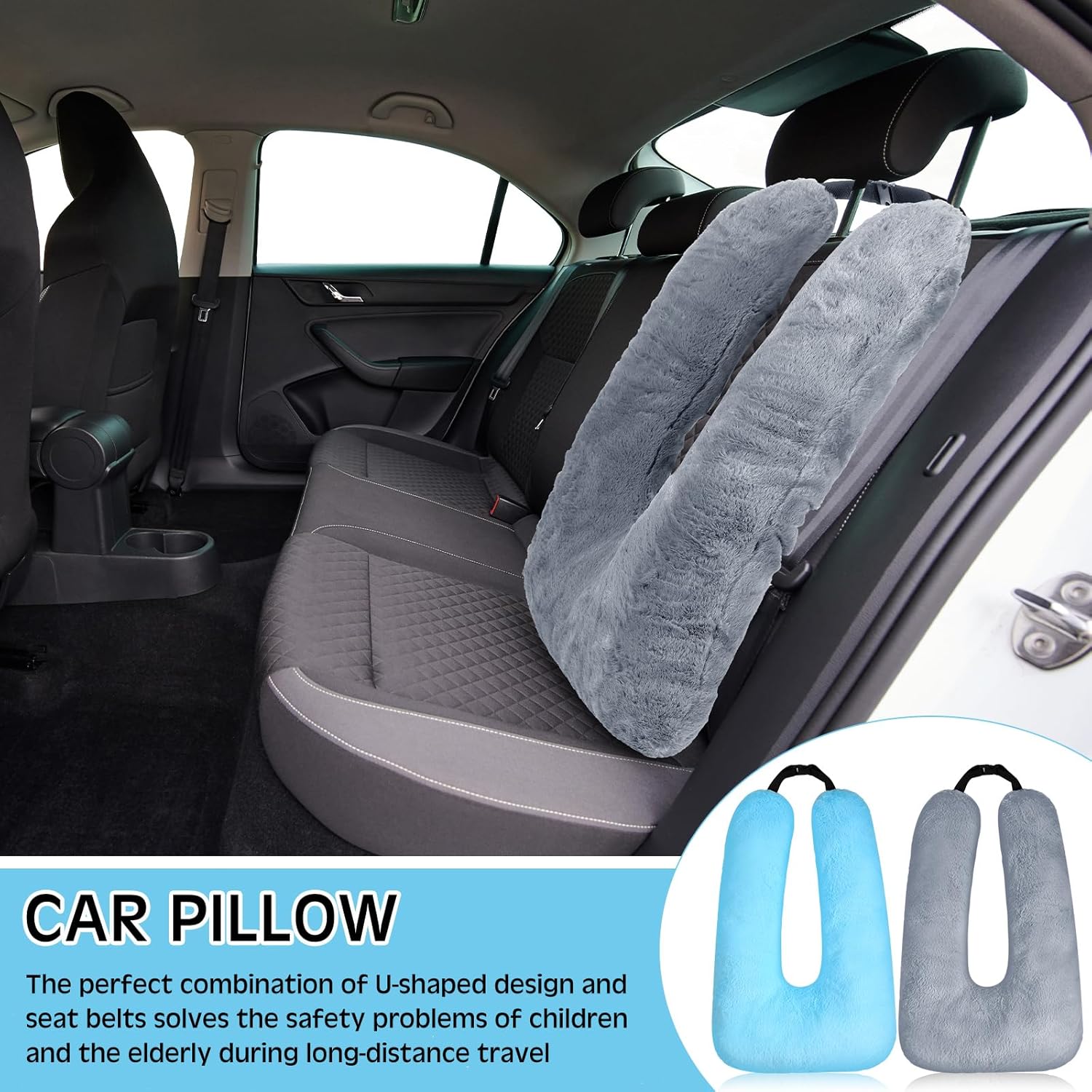 2 Pcs Car Travel Pillow for the Back Seat 28 x 18 in Sleeping Reading Pillows for Long Distance Travel Car Cushion for Kids Adults Head and Body Support U Shaped Pad for Travel(Gray