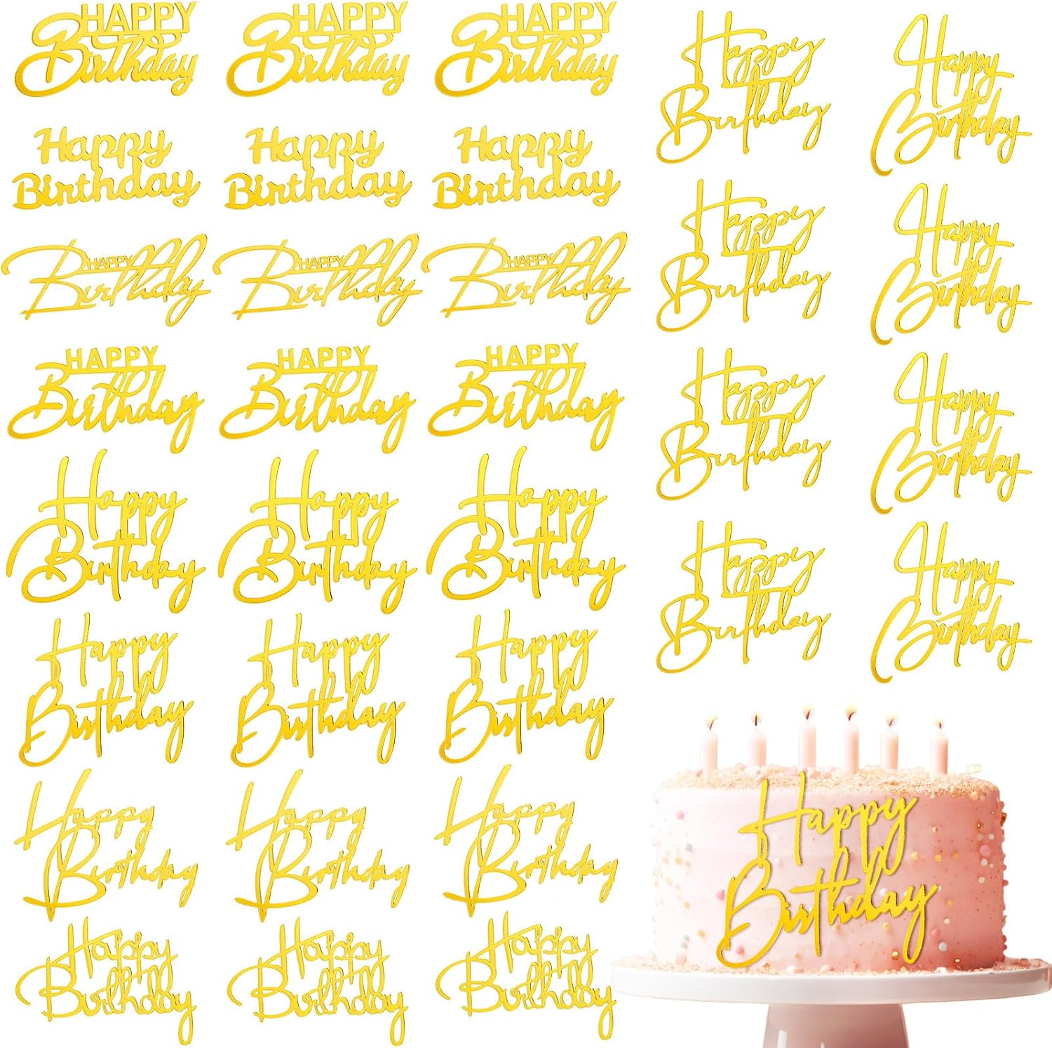 50 Pcs Happy Birthday Cake Toppers Bulk Mirror Acrylic Cupcake Topper Cupcake Decorations Happy Birthday Sign for Cake Side Inserts Decor Party Supplies 10 Style(Gold)