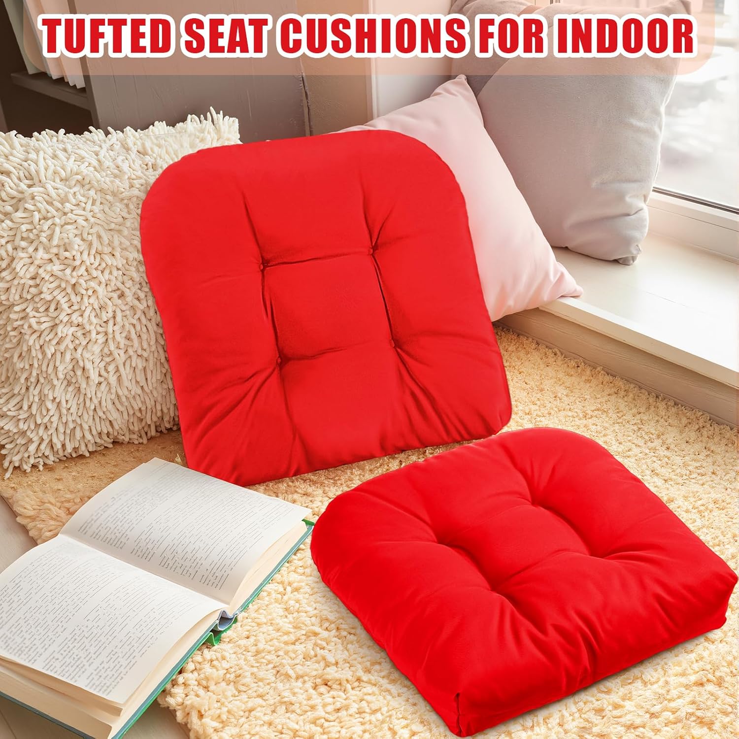 4 Pcs Outdoor Chair Cushions 18.9 x 18.9 Inch Waterproof Sun Protection Patio Furniture Overstuffed Seat Cushion Chair Pad with Round Corner for Indoor(Red)
