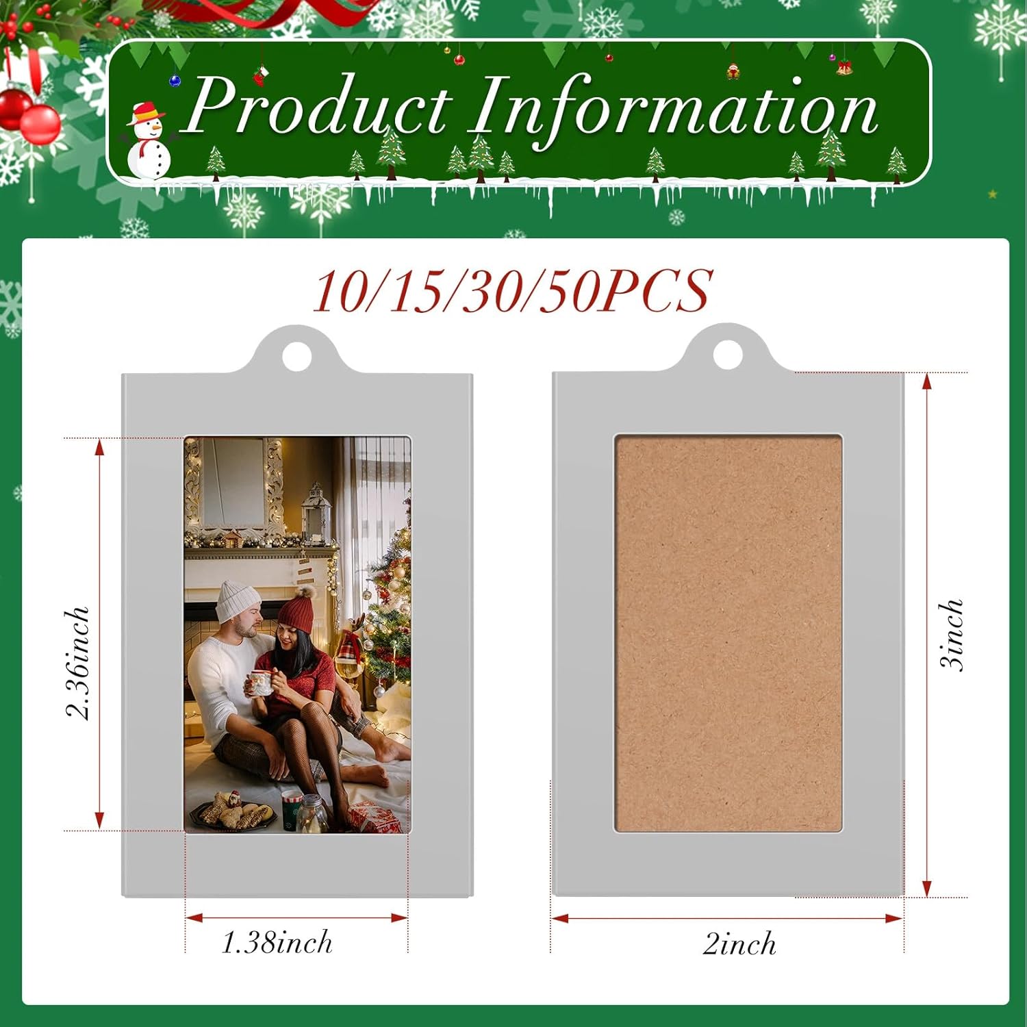 50 Pcs Metal Christmas Photo Frame Ornaments Bulk 2 x 3 Inch Heavy Duty Reusable Small Frame Decorations for Xmas Tree Home Indoor Outdoor Decor Gifts (Vertical