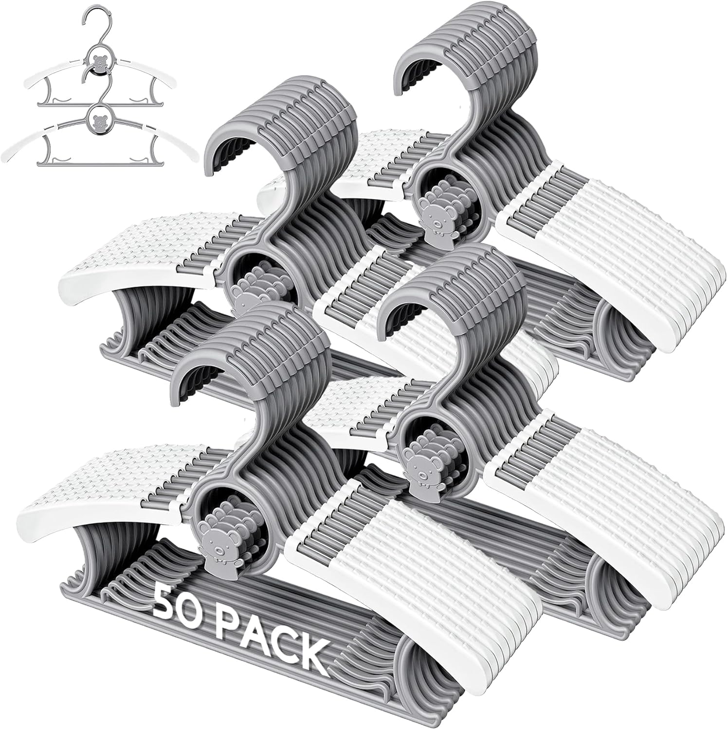50 Pack Baby Hangers for Nursery Closet, Adjustable Non-Slip Kids Hangers with Windproof Buckle, 11-14" Infant Child Plastic Clothes Pants Toddler Hanger for Boys Girls Newborn Adult, Grey