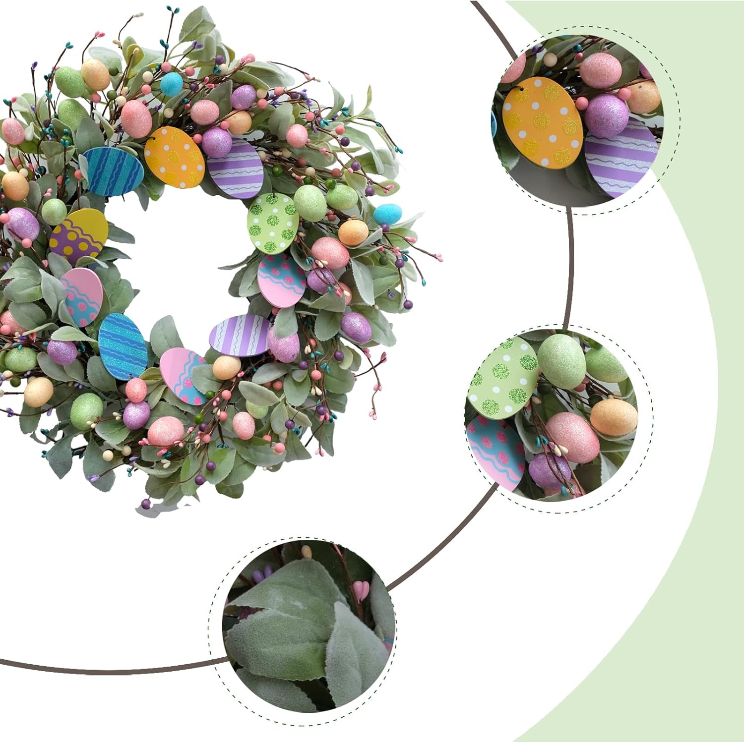 24 Inch Spring Easter Eggs Wreath with Lamb Ears Leaves for Front Door