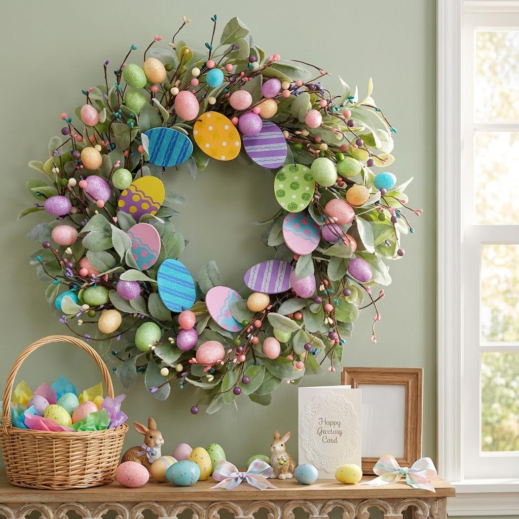 24 Inch Spring Easter Eggs Wreath with Lamb Ears Leaves for Front Door