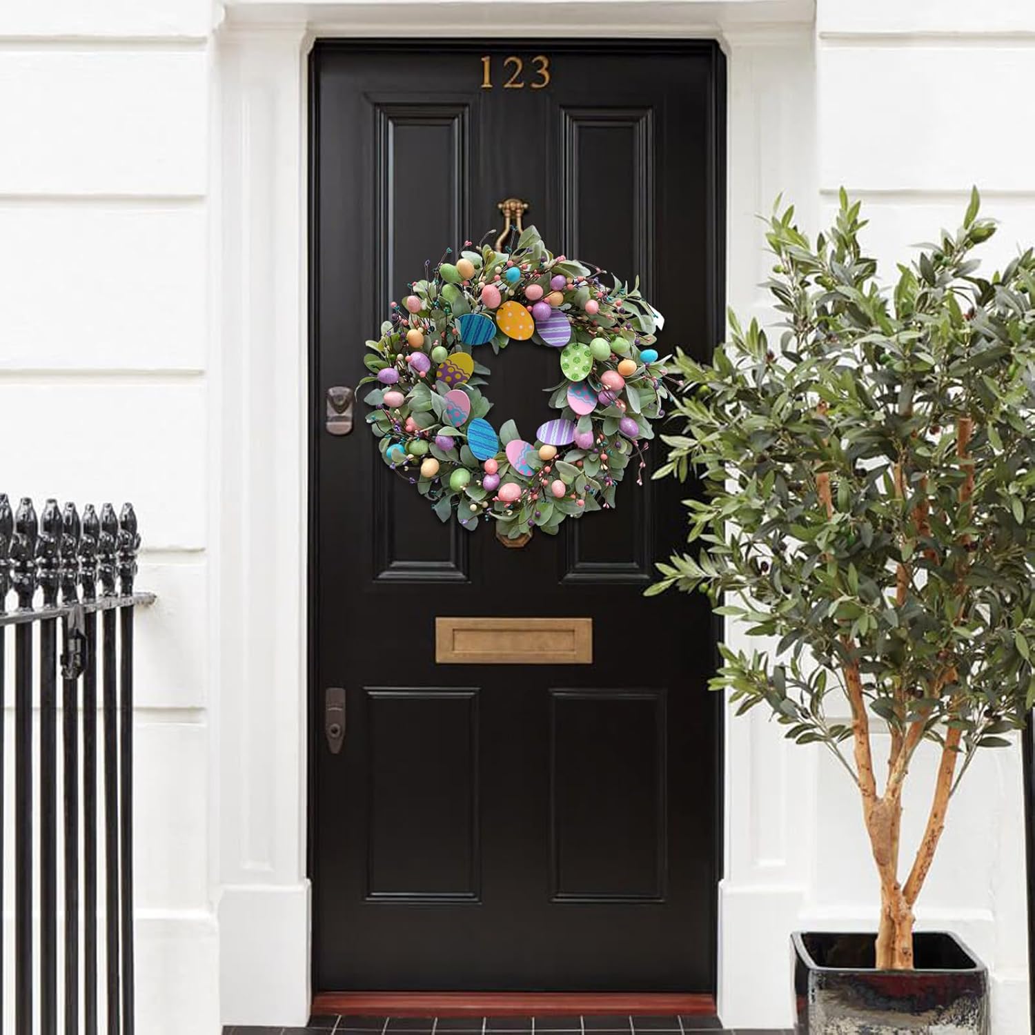 24 Inch Spring Easter Eggs Wreath with Lamb Ears Leaves for Front Door