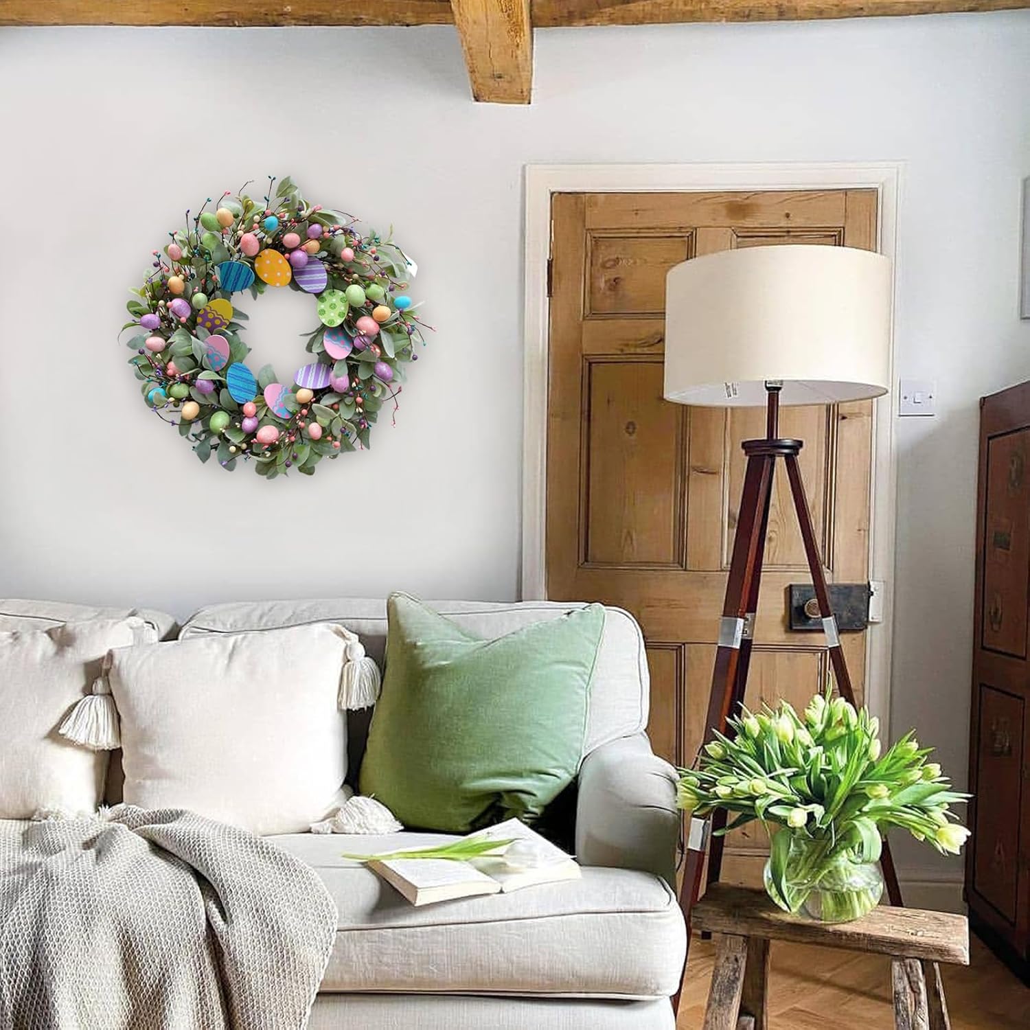 24 Inch Spring Easter Eggs Wreath with Lamb Ears Leaves for Front Door