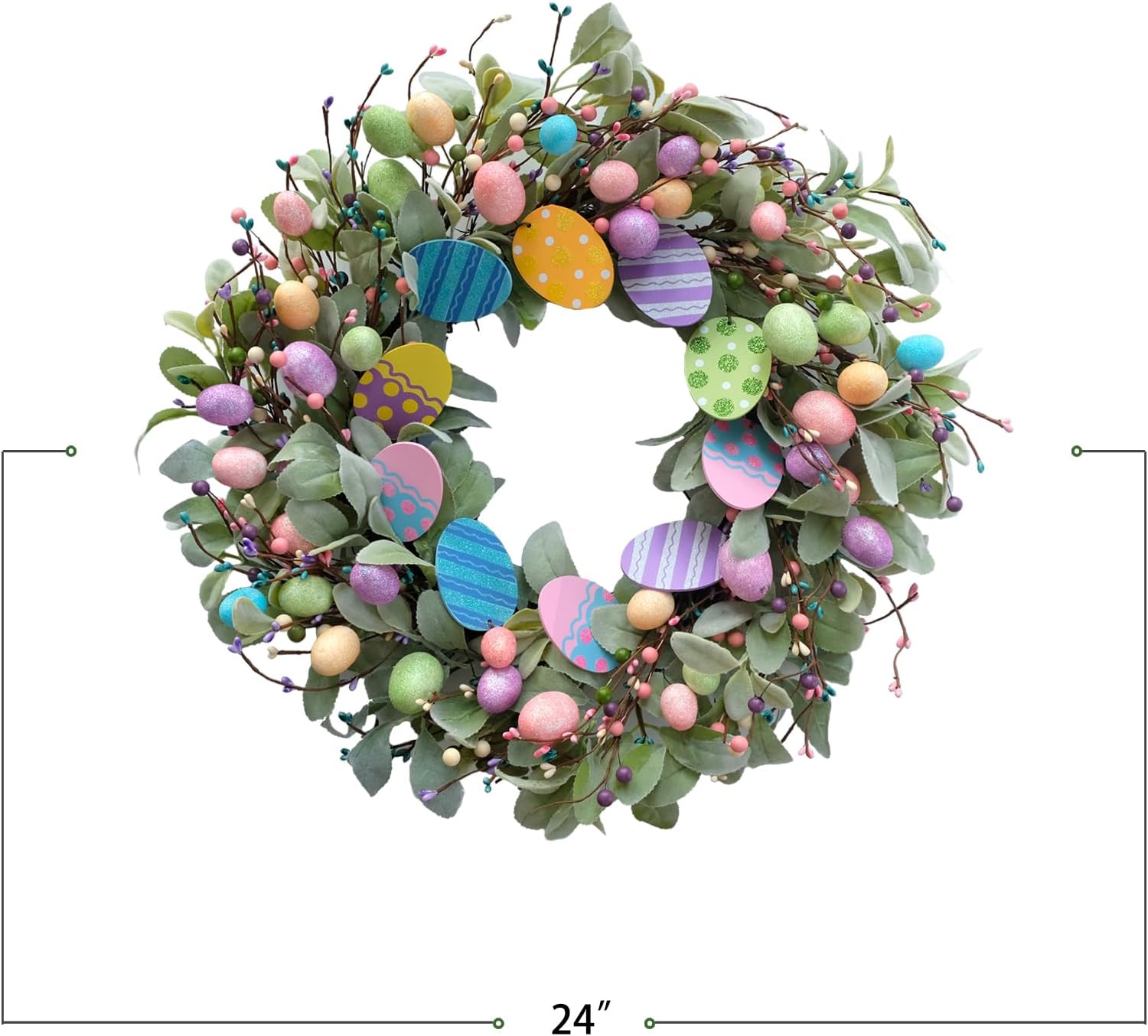24 Inch Spring Easter Eggs Wreath with Lamb Ears Leaves for Front Door