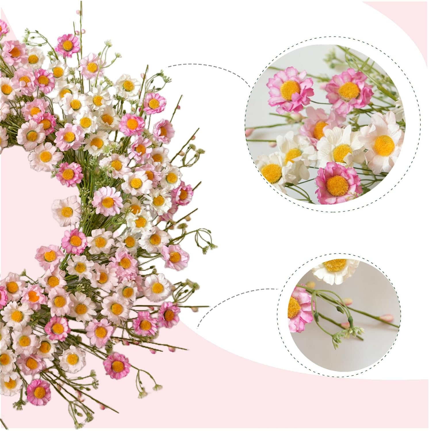 24 Inch Spring Wreaths for Front Door - Artificial Flower Wreath with Baby Pink & Cream Daisy