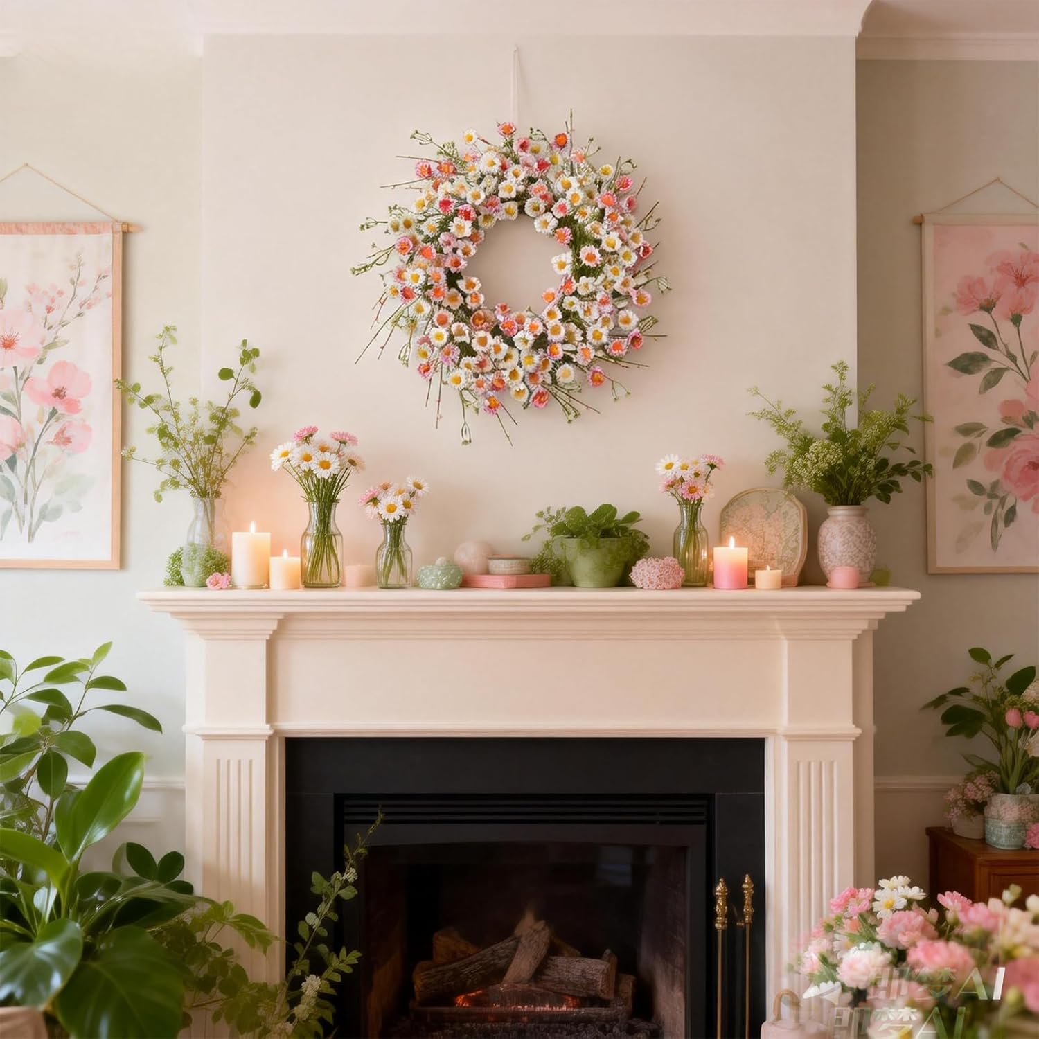 24 Inch Spring Wreaths for Front Door - Artificial Flower Wreath with Baby Pink & Cream Daisy
