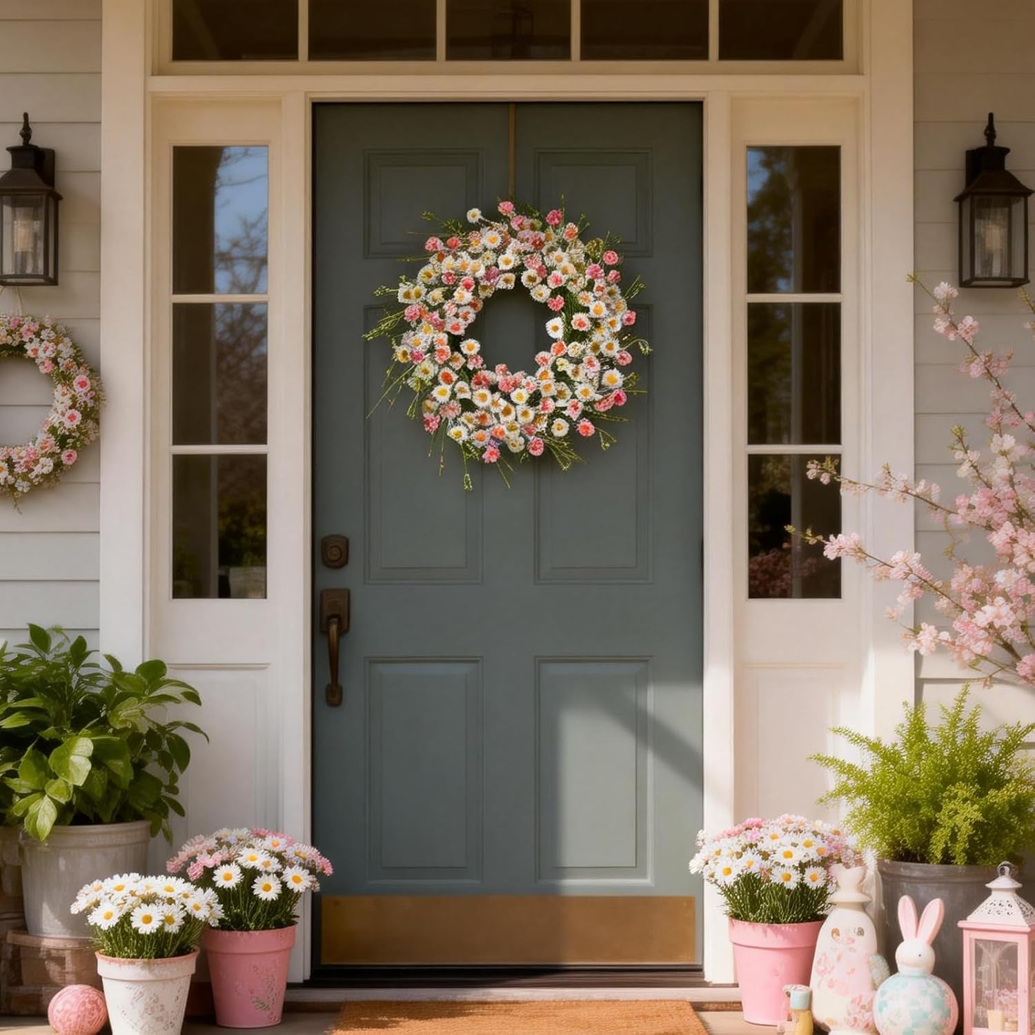 24 Inch Spring Wreaths for Front Door - Artificial Flower Wreath with Baby Pink & Cream Daisy