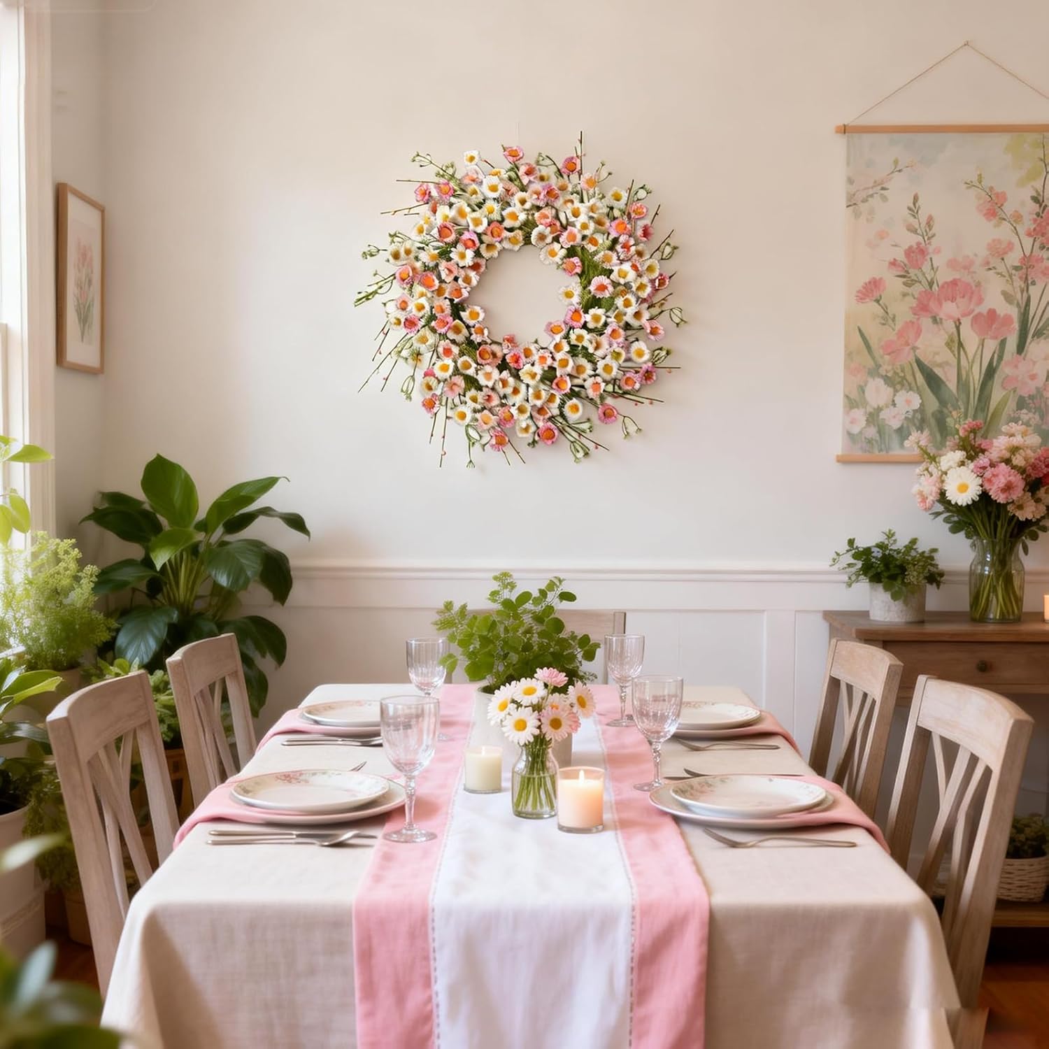 24 Inch Spring Wreaths for Front Door - Artificial Flower Wreath with Baby Pink & Cream Daisy