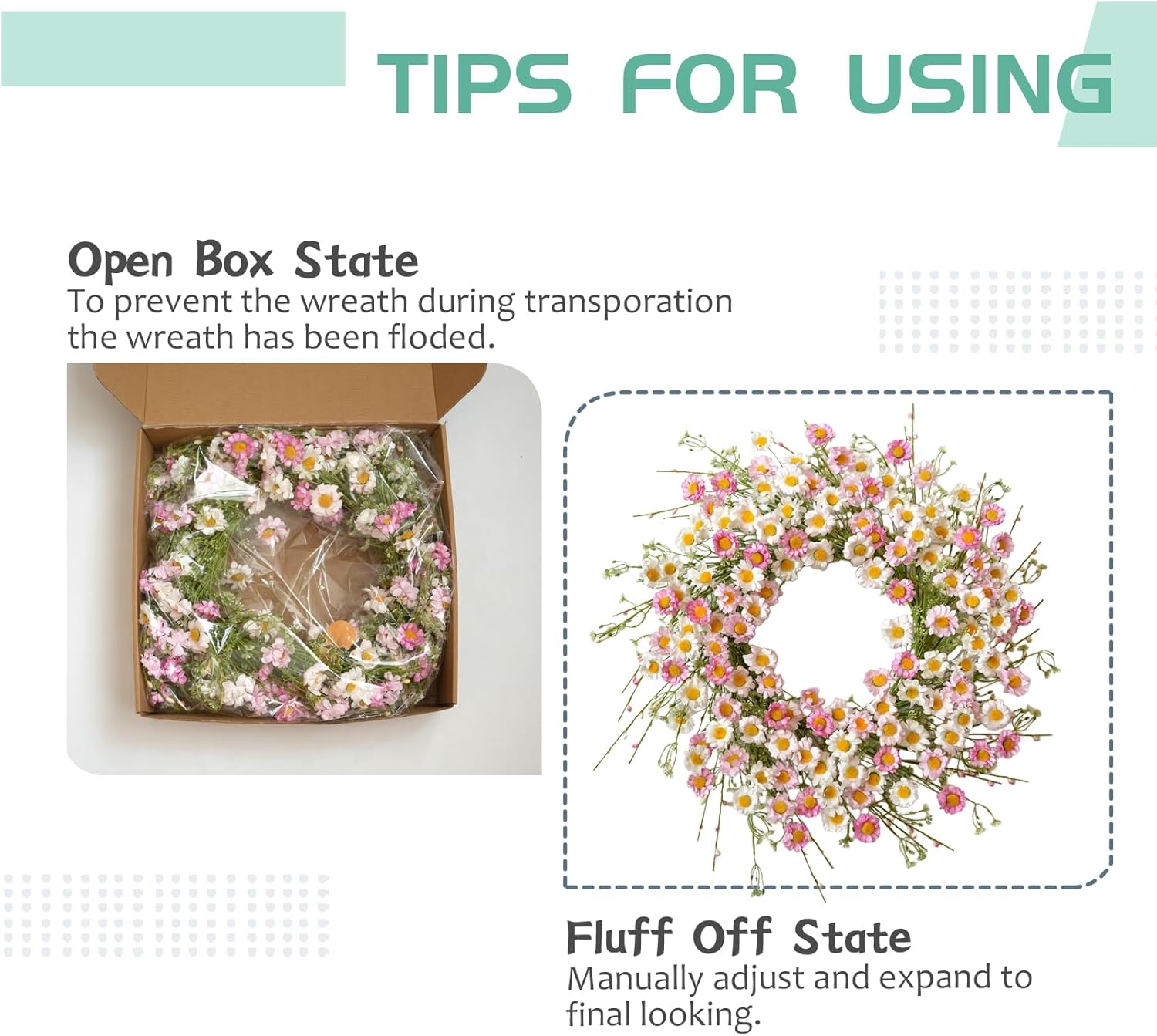 24 Inch Spring Wreaths for Front Door - Artificial Flower Wreath with Baby Pink & Cream Daisy