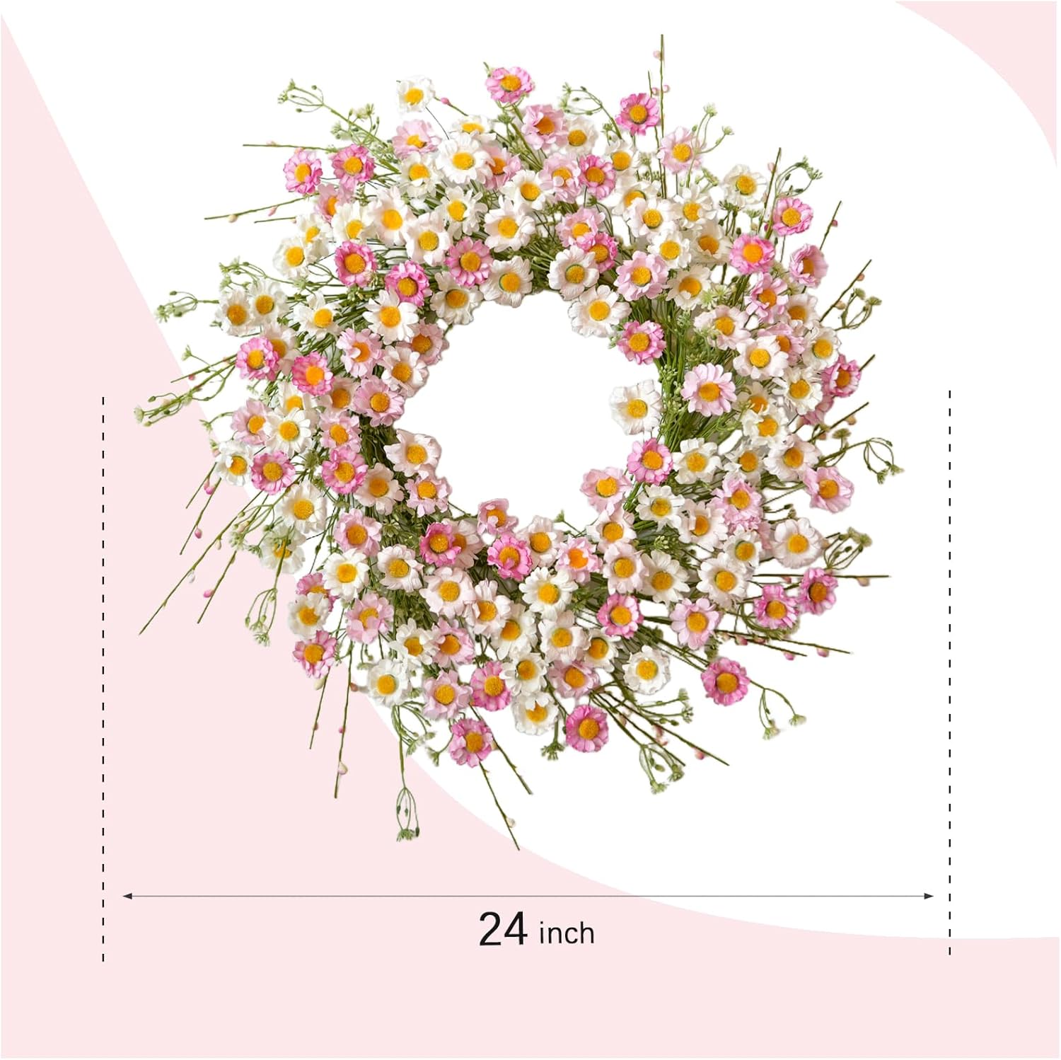 24 Inch Spring Wreaths for Front Door - Artificial Flower Wreath with Baby Pink & Cream Daisy
