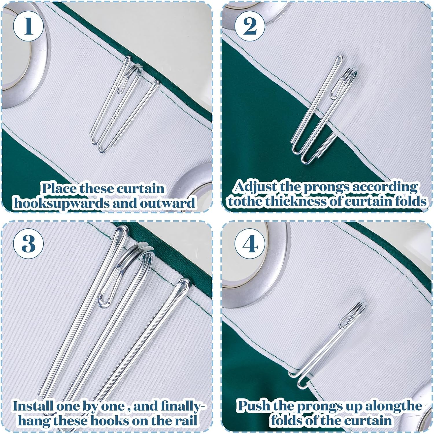 Pleat Hooks Stainless Steel Curtain Hooks Drapery Clasp and Pin 4 Prongs Pinch Pleat Tools Clips for Window