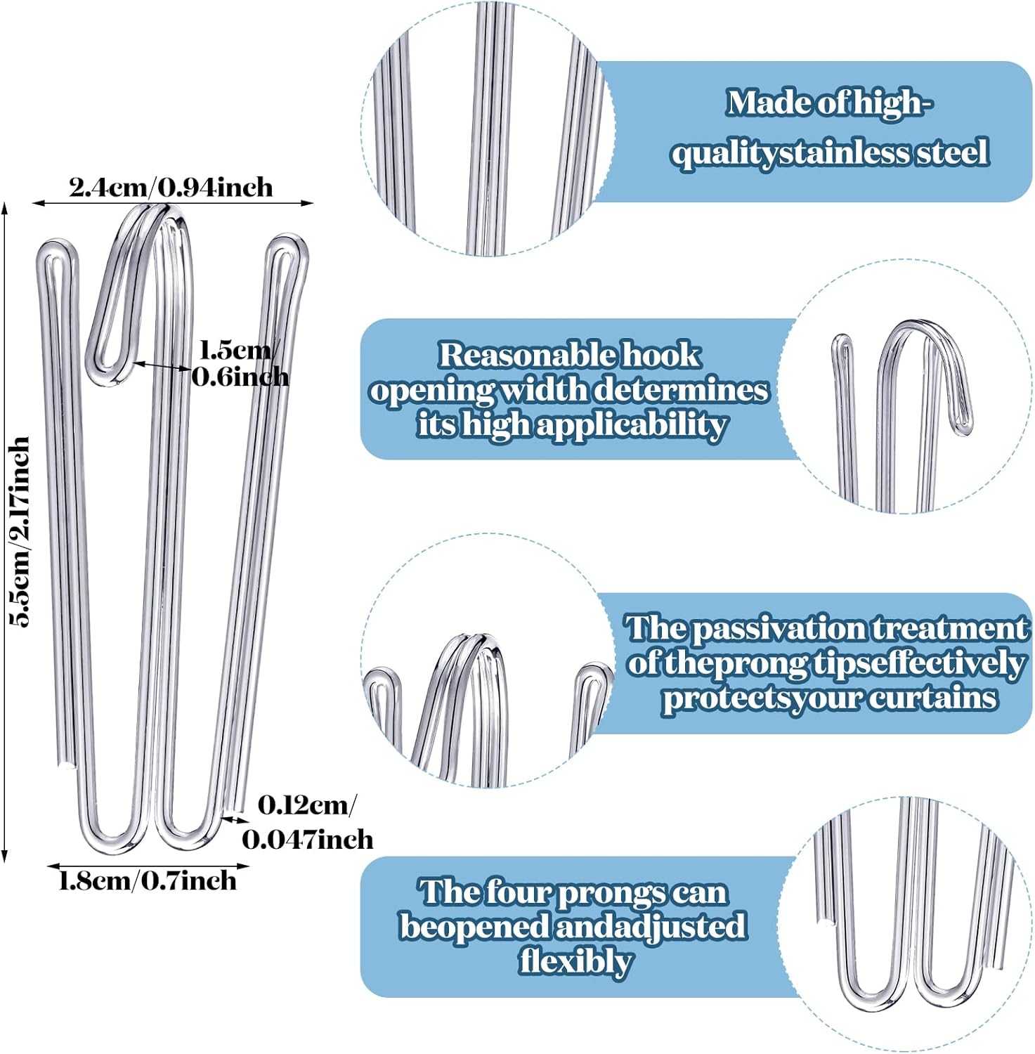 Pleat Hooks Stainless Steel Curtain Hooks Drapery Clasp and Pin 4 Prongs Pinch Pleat Tools Clips for Window