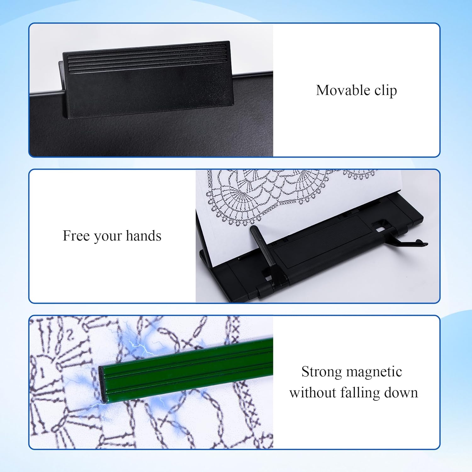 Knitting Pattern Holder with 6 Color Replacement Magnets 1 Magnifying Ruler