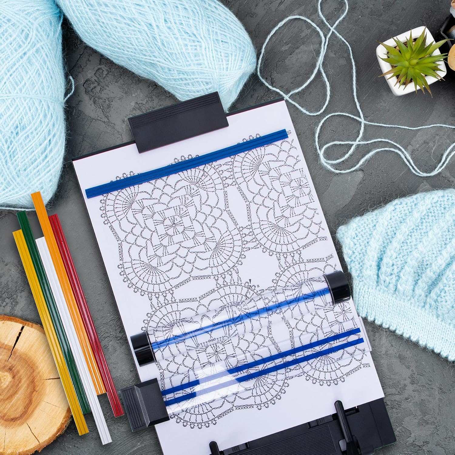 Knitting Pattern Holder with 6 Color Replacement Magnets 1 Magnifying Ruler