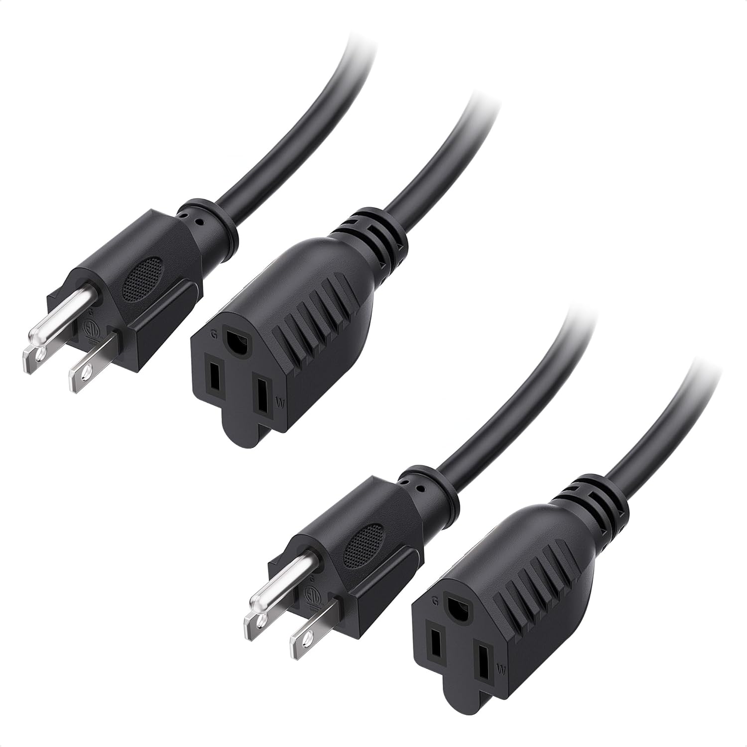 [ETL Listed] 2-Pack 16 AWG Heavy Duty 13A Power Extension Cord - 10ft, 3 Prong Power Cord Extension, NEMA 5-15P to NEMA 5-15R, Black