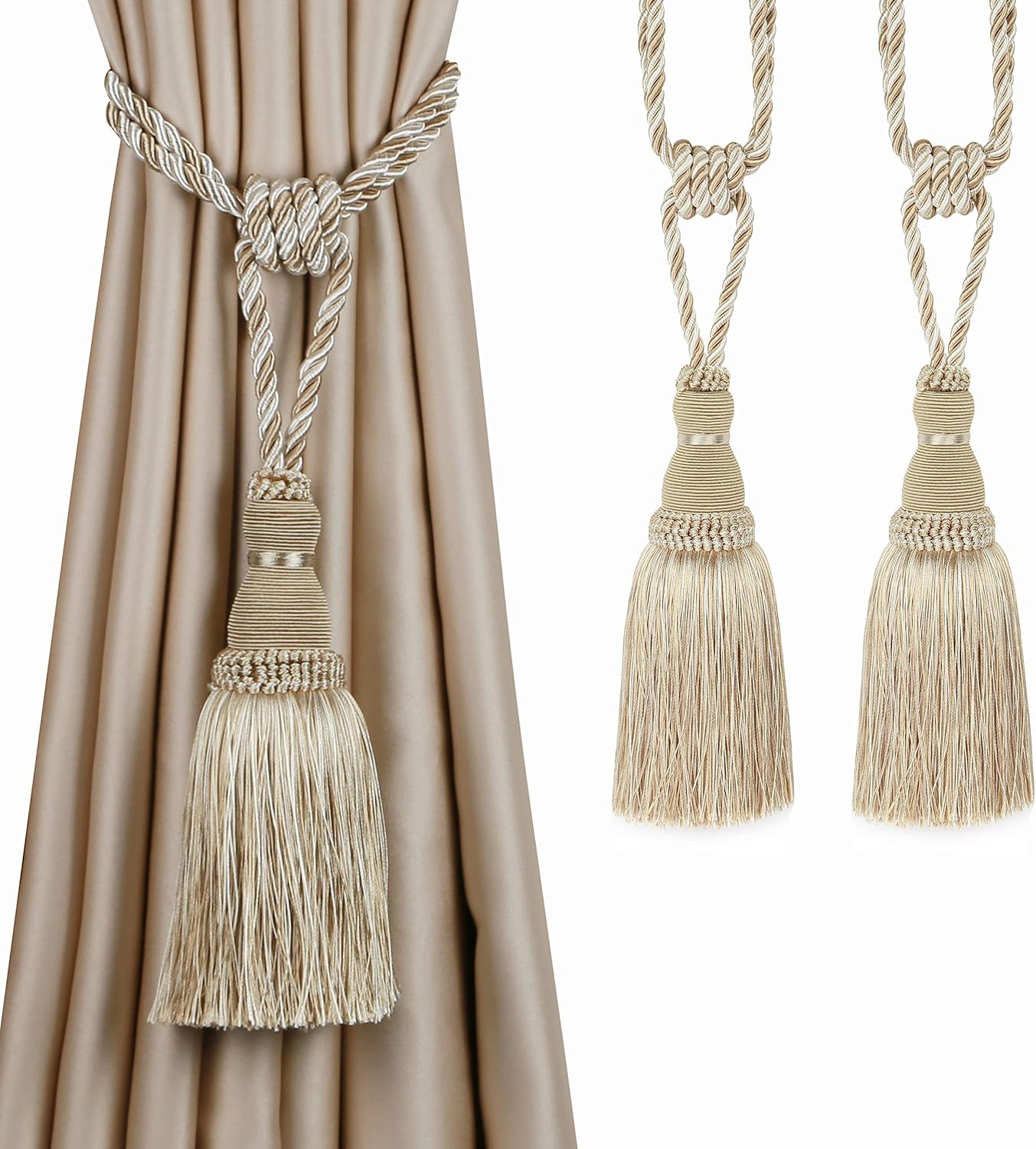 2 Pack Curtain Tiebacks Tassel Drapery Tie-Backs Rope Handmade Holdbacks Home Office Hotel Decorative (Mix Beige