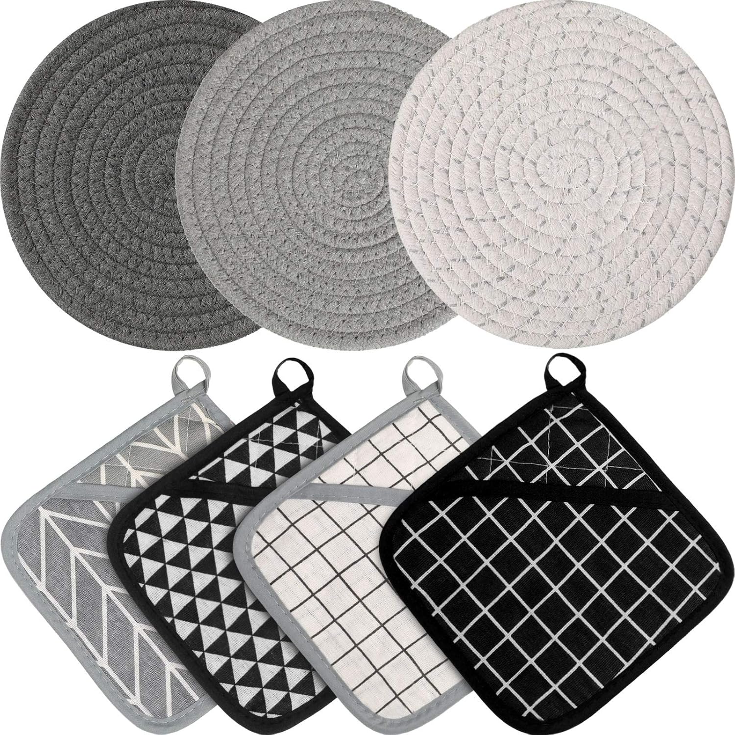 7 Pieces Square Pot Holders Washable Heat Resistant Pocket Mitt with Hanging Loop and Round Thread Weave Coaster Braided Drink Hot Pad Absorbent Woven Coaster for Kitchen Cooking Dinning 7 Pieces Square Pot Holders Washable Heat Resistant Pocket Mitt with Hanging Loop and Round Thread Weave Coaster Braided Drink Hot Pad Absorbent Woven Coaster for Kitchen Cooking Dinning