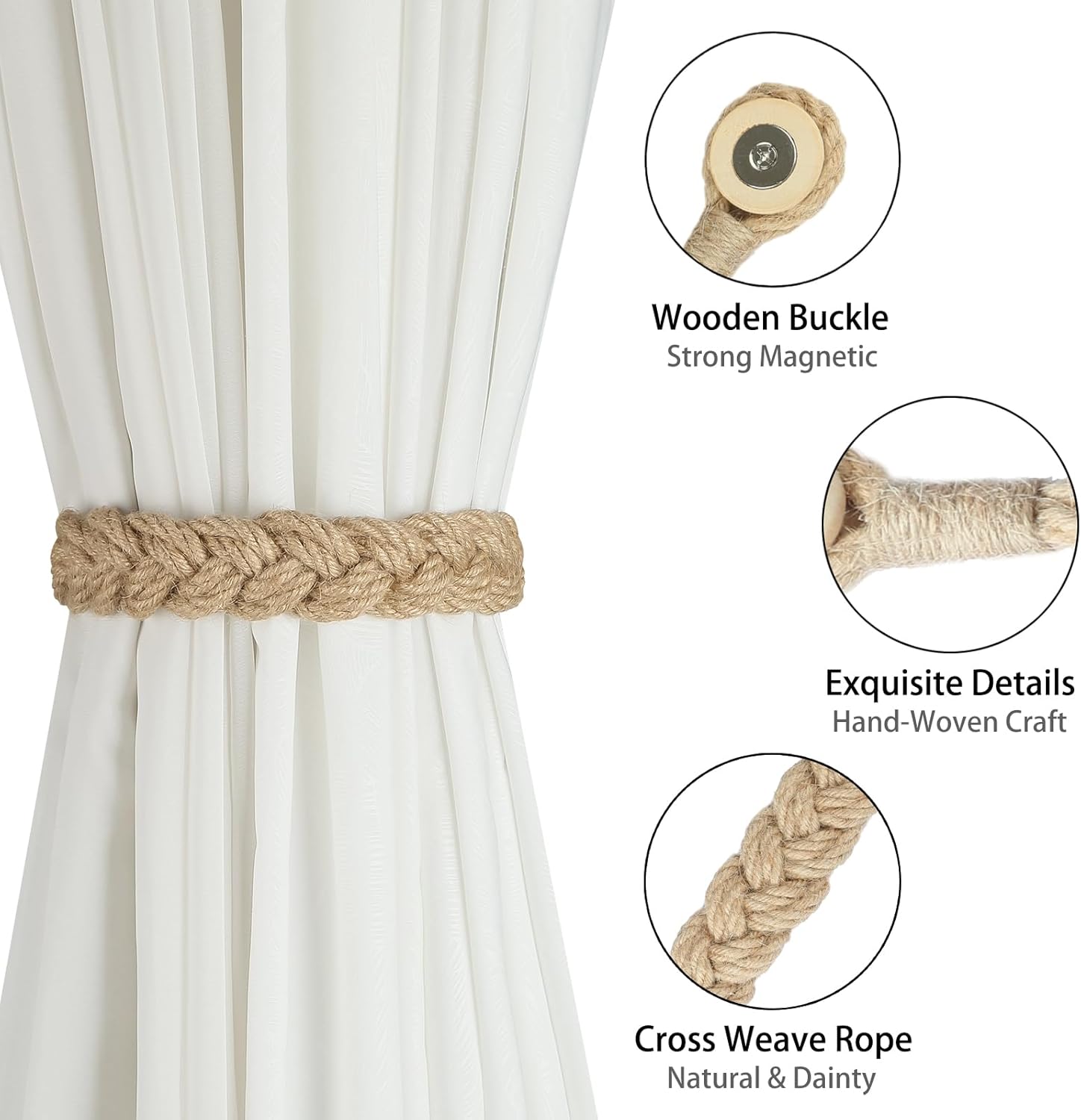 Jute Curtain Tiebacks Magnetic Woven Curtain Holdback Drapery Tie-Back (Jute-2Pack)