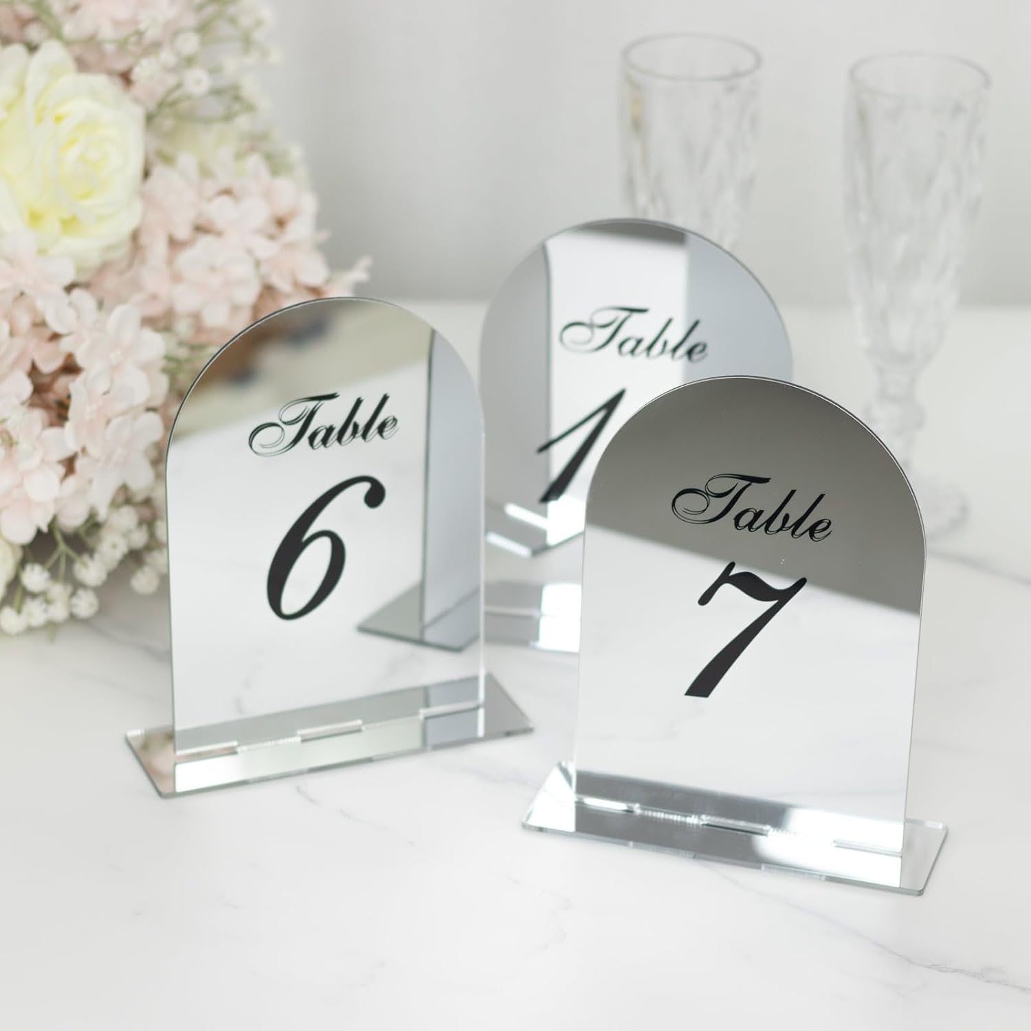 Efavormart Wedding Table Numbers 1-10 – Silver Mirror Arch Acrylic with Black Print & Stands for Elegant Receptions - 6"x7"