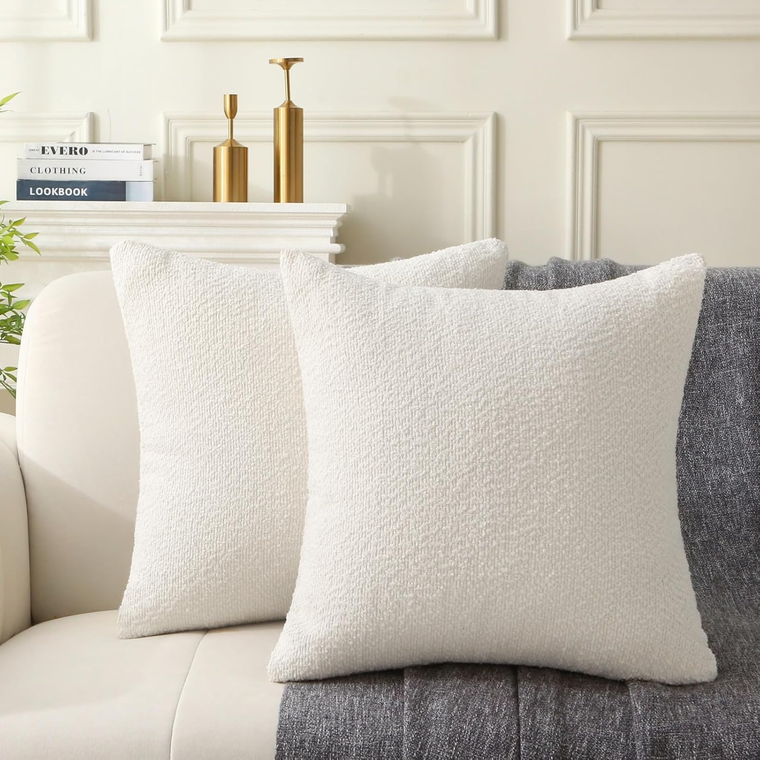 18" x 18" Decorative Throw Pillow with Inserts, Set of 2 Soft Textured Boucle Throw Pillows, Square Boho Pillow for Couch, Bed, Sofa Decor (White, 18" x 18"(Pack of 2))