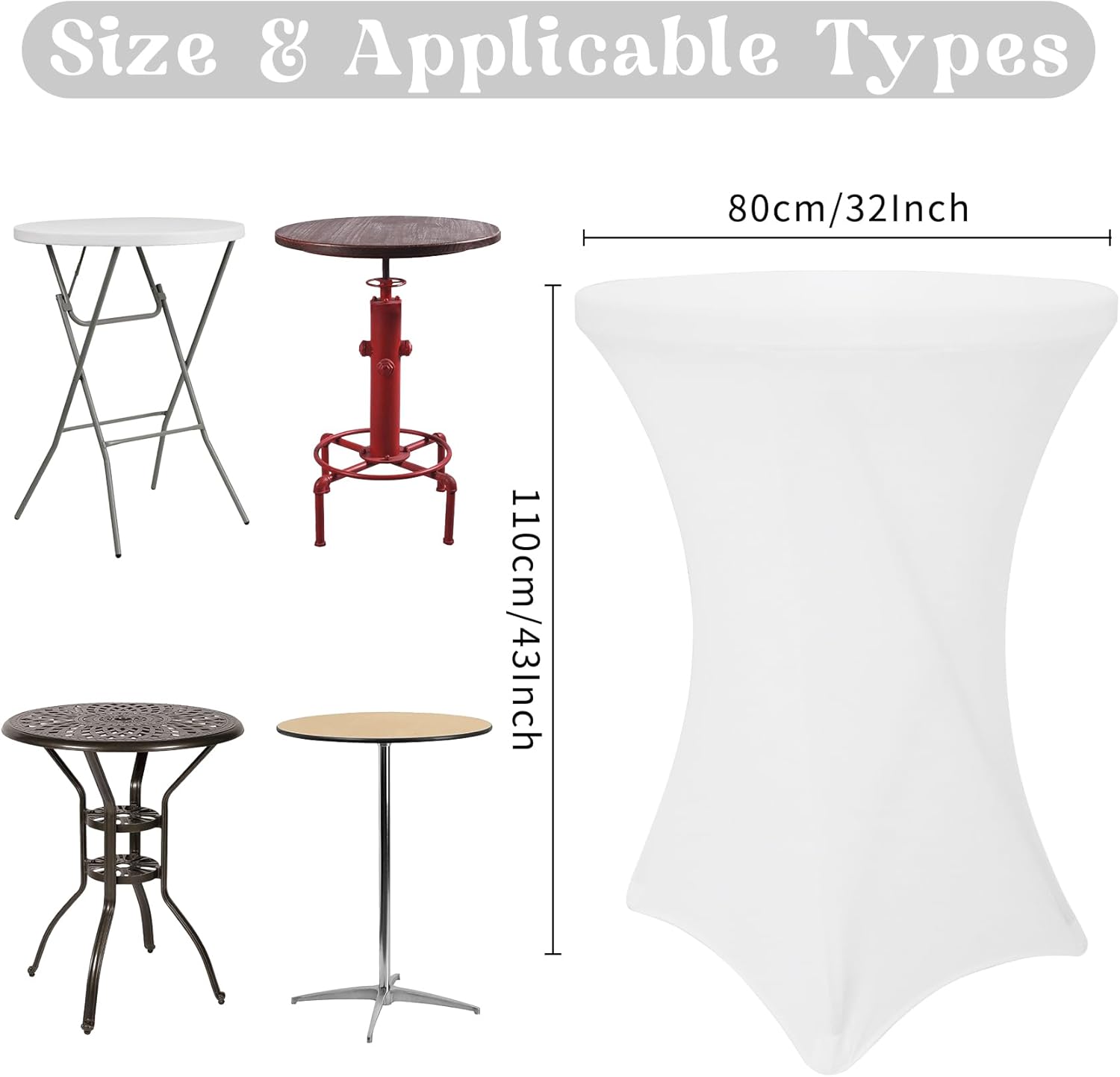 8 Pack Cocktail Table Covers 32x43 Inch Fitted Stretch Spandex Square Corners White Table Cover High Top Cocktail Round Tablecloth for Party
