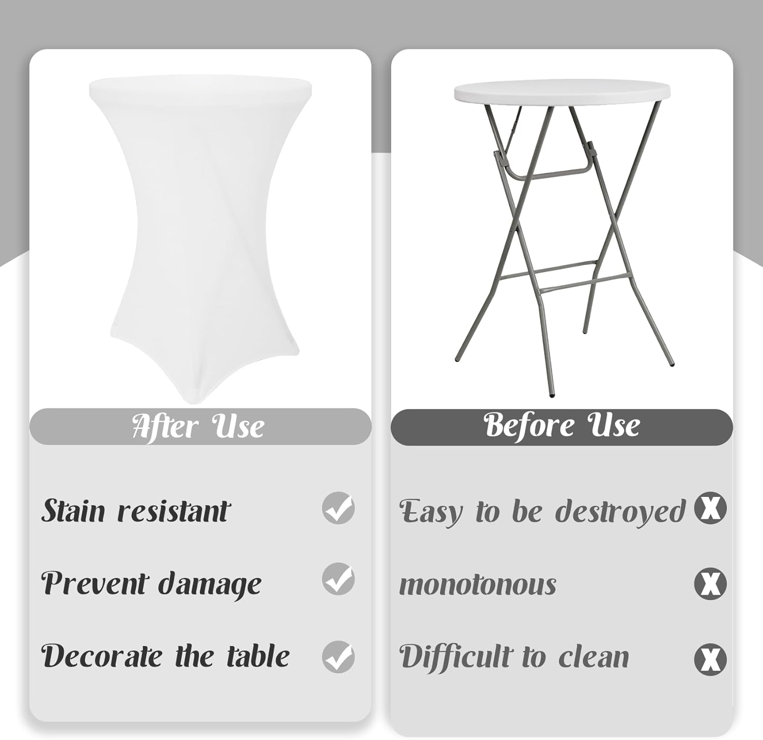 8 Pack Cocktail Table Covers 32x43 Inch Fitted Stretch Spandex Square Corners White Table Cover High Top Cocktail Round Tablecloth for Party
