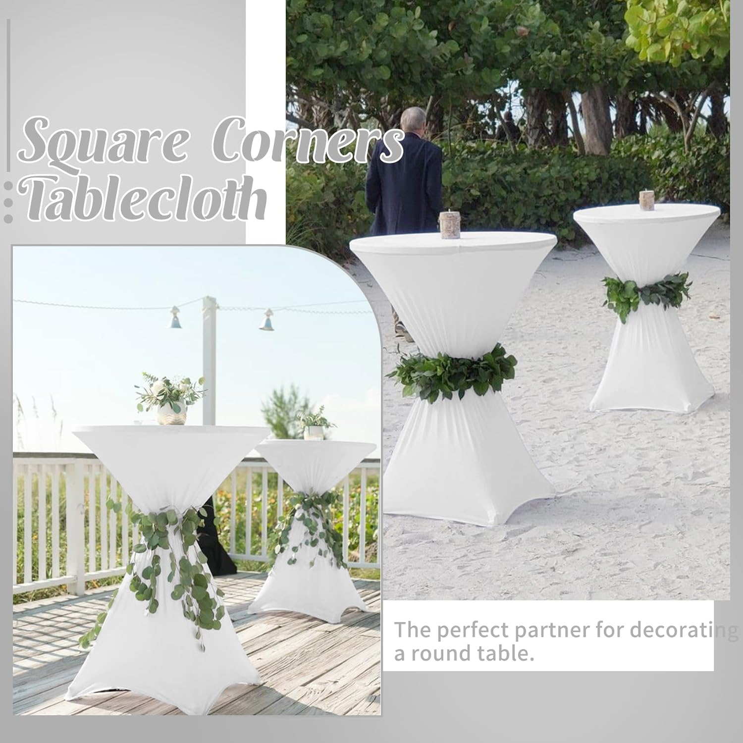 8 Pack Cocktail Table Covers 32x43 Inch Fitted Stretch Spandex Square Corners White Table Cover High Top Cocktail Round Tablecloth for Party
