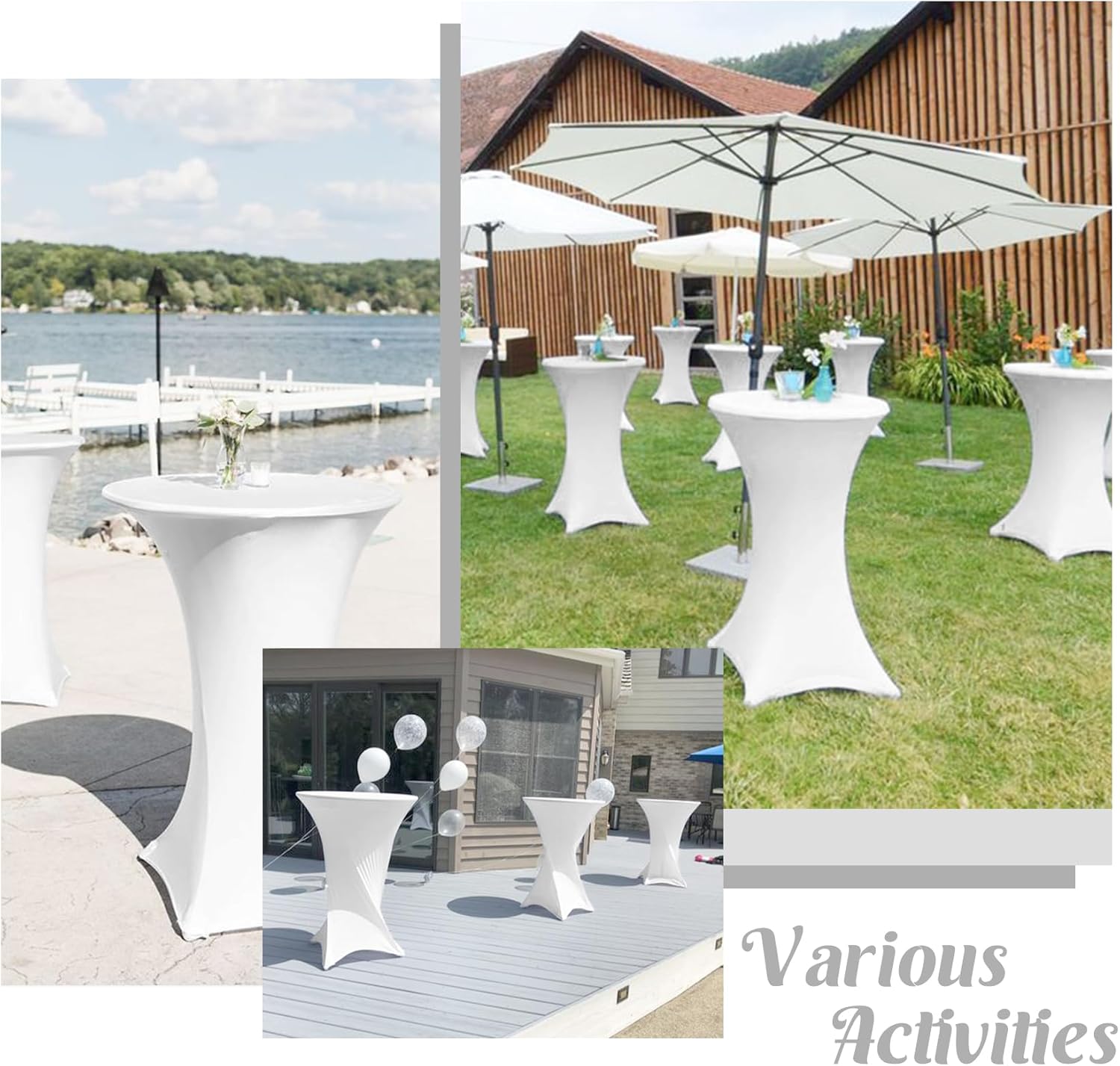 8 Pack Cocktail Table Covers 32x43 Inch Fitted Stretch Spandex Square Corners White Table Cover High Top Cocktail Round Tablecloth for Party