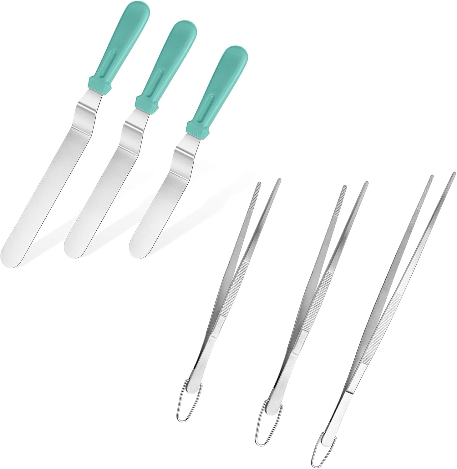 Icing Spatula, Stainless Steel Angled Cake Decorating Frosting Spatula Set of 3 (Aqua Sky), and 8"+10"+12" Kitchen Cooking Tweezer: 18/8 Stainless Steel Metal Food Tong (Pointed Tip)