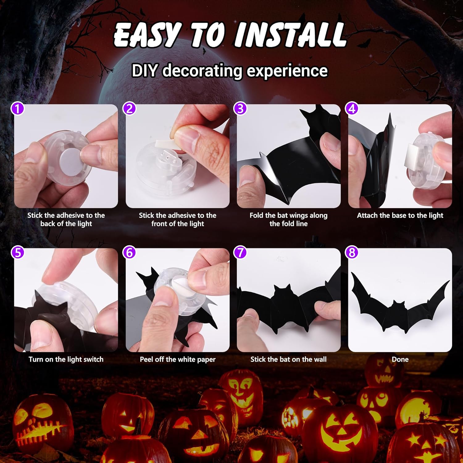 36 PCS LED Purple Lighted 3D Bats Halloween Decoration