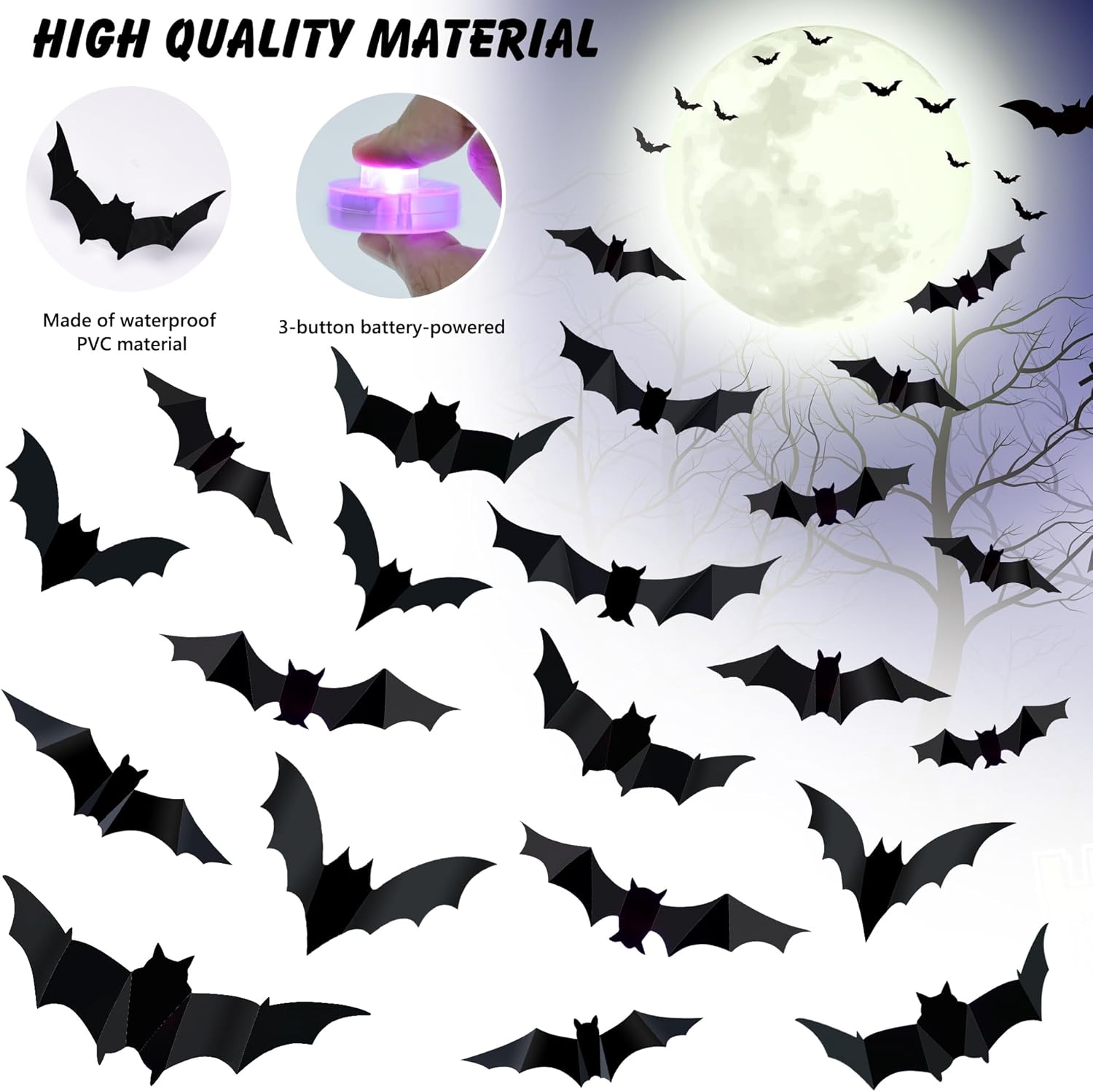 36 PCS LED Purple Lighted 3D Bats Halloween Decoration