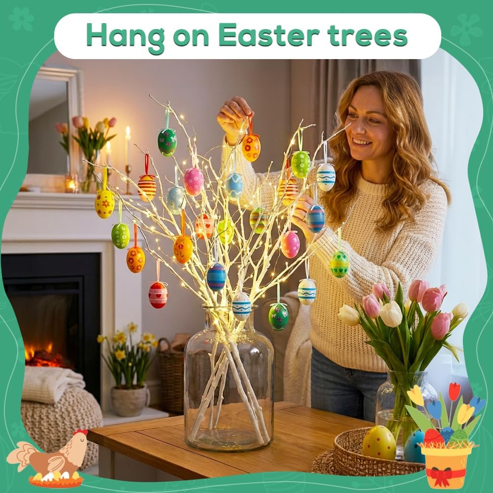 24PCS Hanging Easter Eggs – Reusable Plastic Easter Egg Decorations for Tree Ornaments